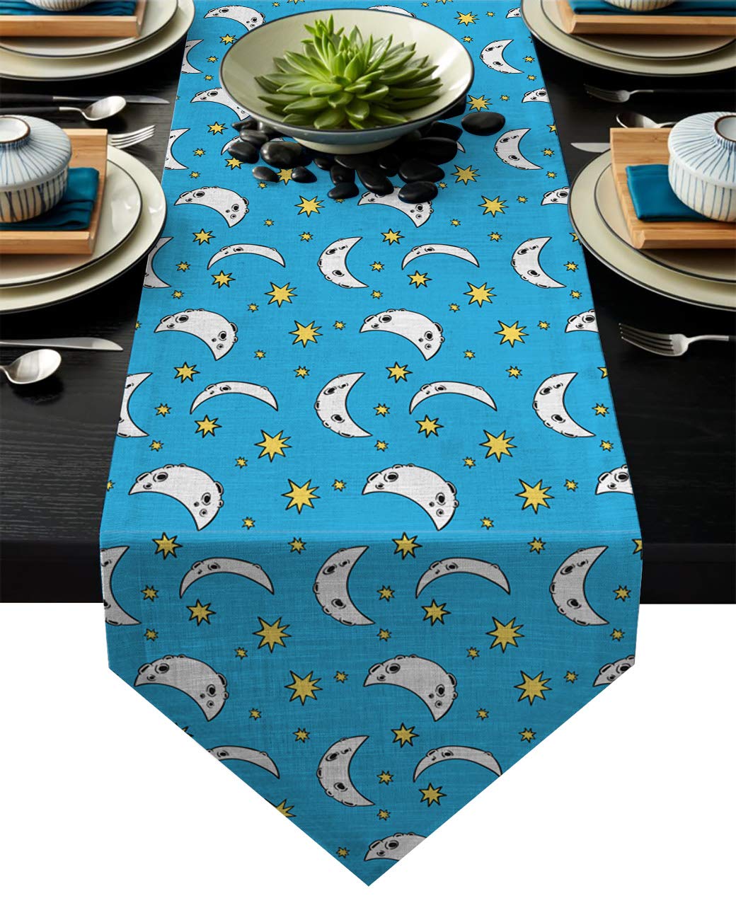 Fandim Fly Dining Table Runner 13 x 70 Inch, Blue Background with Stars and Moons Pattern Table Runners for Morden Stylish Wedding Party Holiday Table Setting Decor