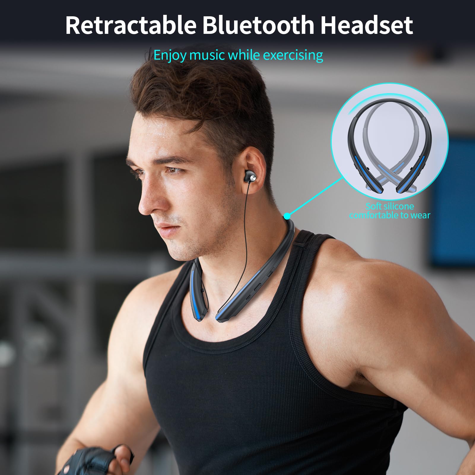Cuffie Bluetooth retrattili con archetto da collo, cuffie wireless con 22 ore di riproduzione, sport resistenti al sudore, connessione a doppio dispositivo, auricolari con cancellazione del