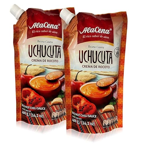 AlaCena Crema de Rocoto Uchucuta 14.11oz. - Salsa de chile picante roja - Salsa picante peruana - 14.1 oz (paquete de 2) - Paquete de 4