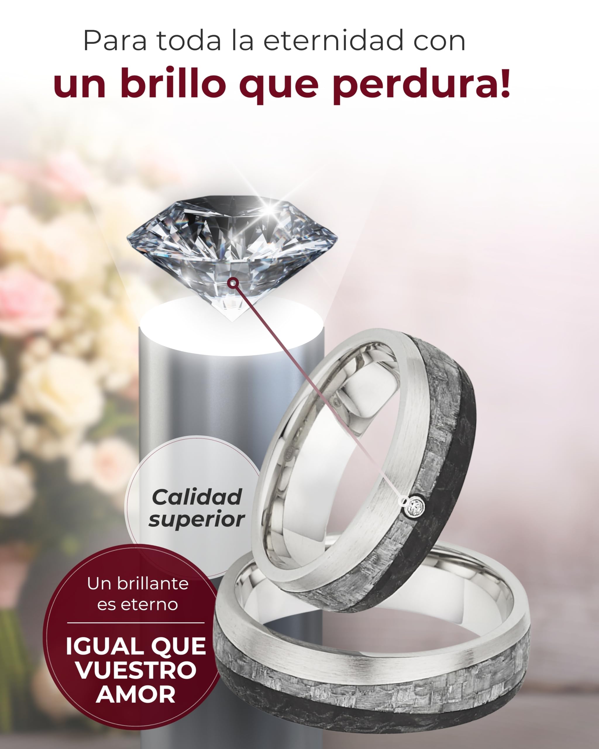 123traumringe Alianzas en plata 925 & carbono I Anillos de pareja con diamante & estuche I Alianzas grabables con tallas 50 a 70 mm I Anillos de 5 mm de ancho & 2 mm de grosor I P6