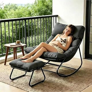 Schaukelstuhl mit Hocker Innen,Loungesessel Outdoor,XXL Schaukelsessel Relaxstuhl, Schaukelstuhl Wohnzimmer, Relaxstuhl mit Gepolstertem Kissen bis 150kg Belastbar, Schaukelliege für Balkon(Grau-yao)