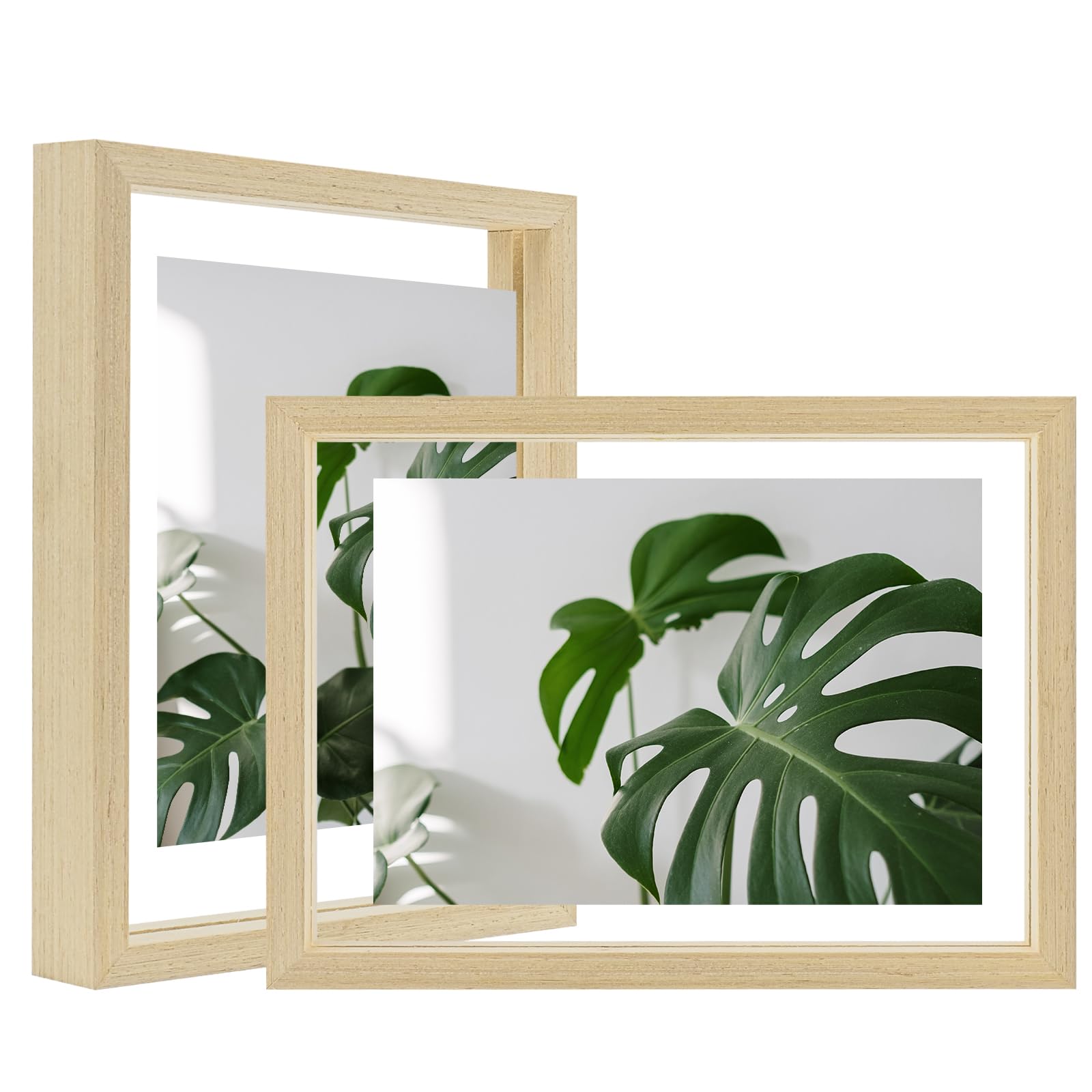 Egofine 6x8 Floating Frames Set of 2, Double Plexiglass Picture Frame, Made of Solid Wood Display Any Size Photo up to 6x8, Wall Mount or Tabletop Standing, Natural Wood