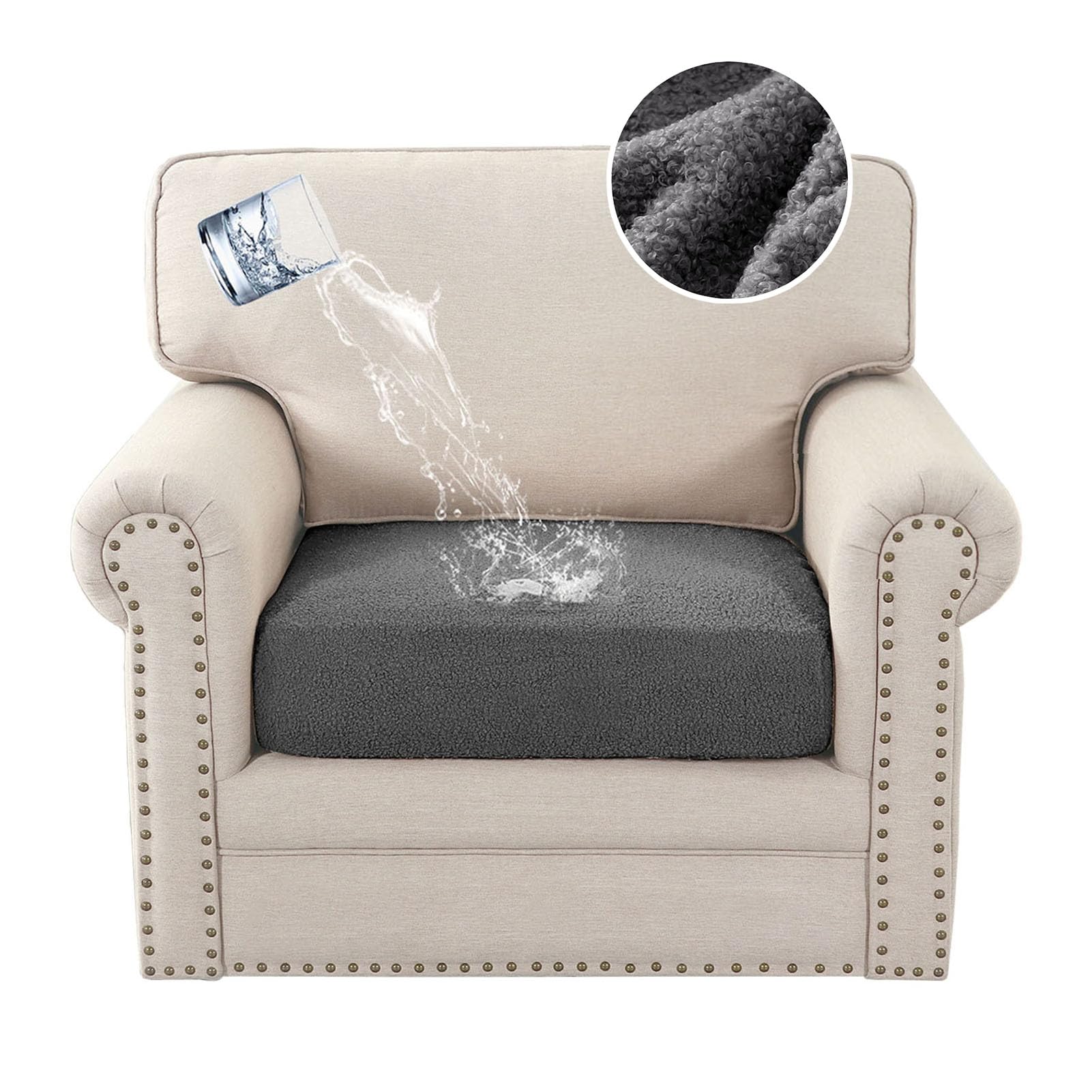 Sofa Seat Cushion Cover, Teddy Fleece Sofa Cushion Slipcovers, Non-Slip Couch Cushion Covers Replacement for Individual Cushion with Elastic Bottom (Chair,Dark Gray)