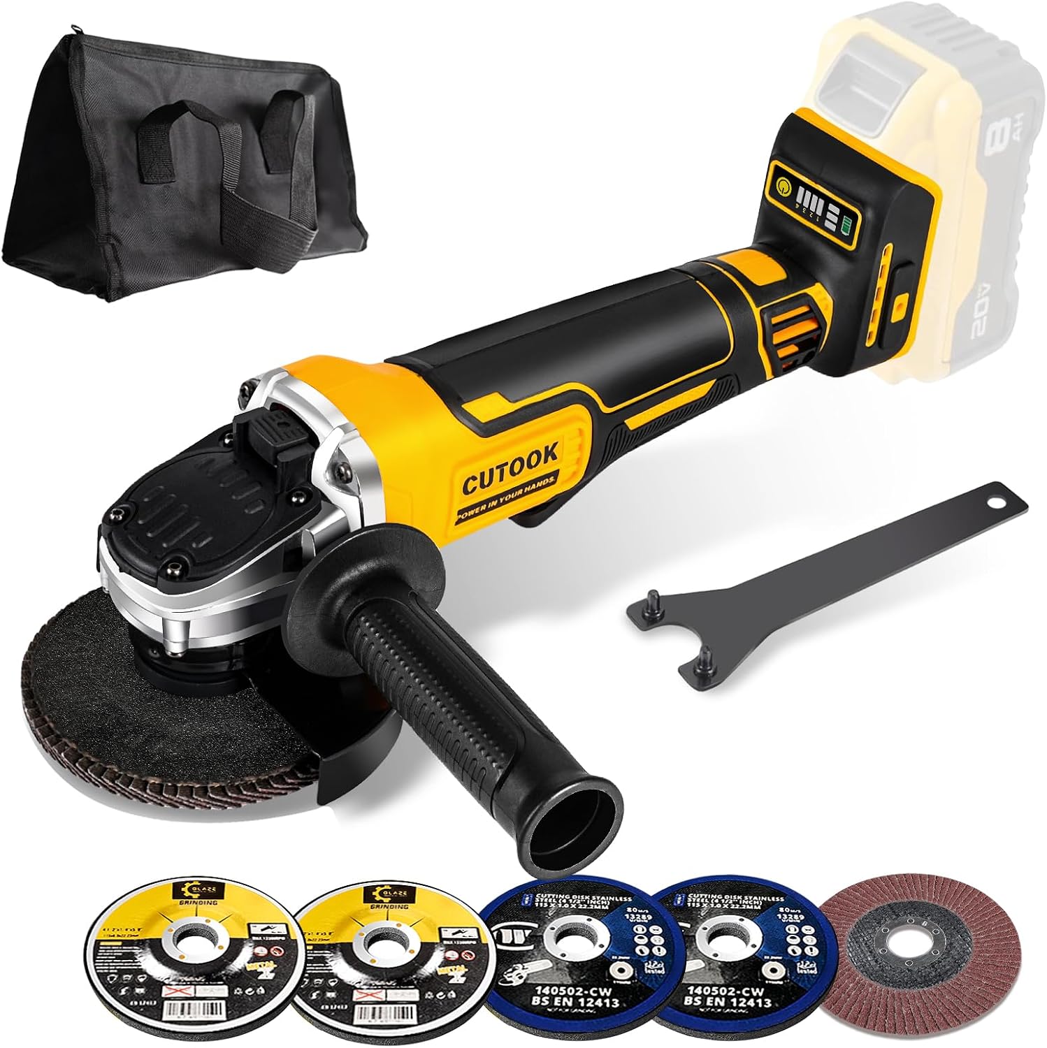 Cordless Grinder, 4-1/2 in. Brushless Angle Grinder Compatible with DeWalt 20V MAX Battery, 4 Preset Speeds up to 10,000 RPM, Includes 5 Grinding & Cutting Wheels, Tool Only