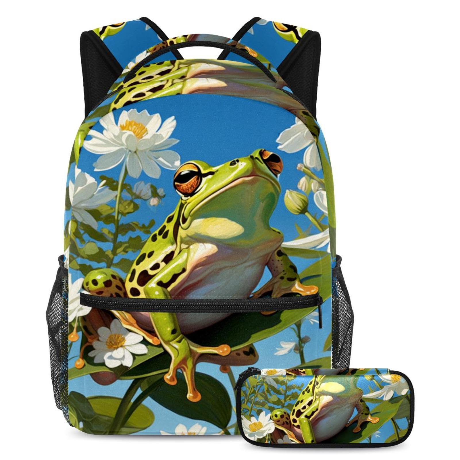 Sac à dos imperméable grenouille de 40cm avec trousse à crayons à compartiments multiples - 7