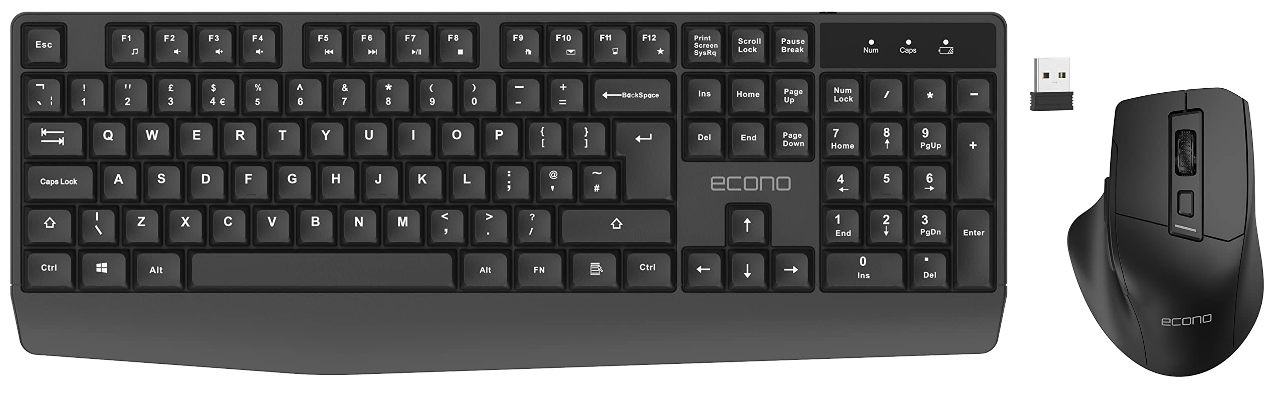 Econo OfficePro Wireless Keyboard and Mouse Set 2.4G Wireless Keyboard USB Cordless Mouse Combo 12 Multimedia Keys for Windows Computer PC Laptop Desktop wireless keyboard and mouse combo UK Layout