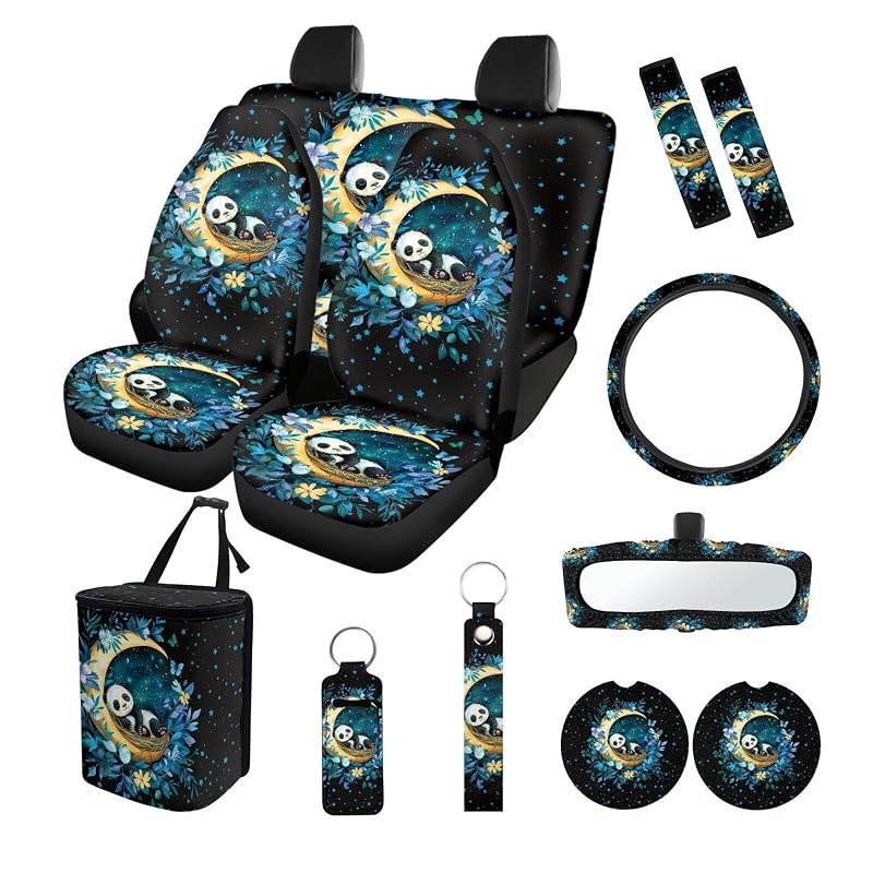 Kit de Acessórios Internos para Carro Suobstales Panda Moon Leaf 13 Peças com Capas de Banco e Volante