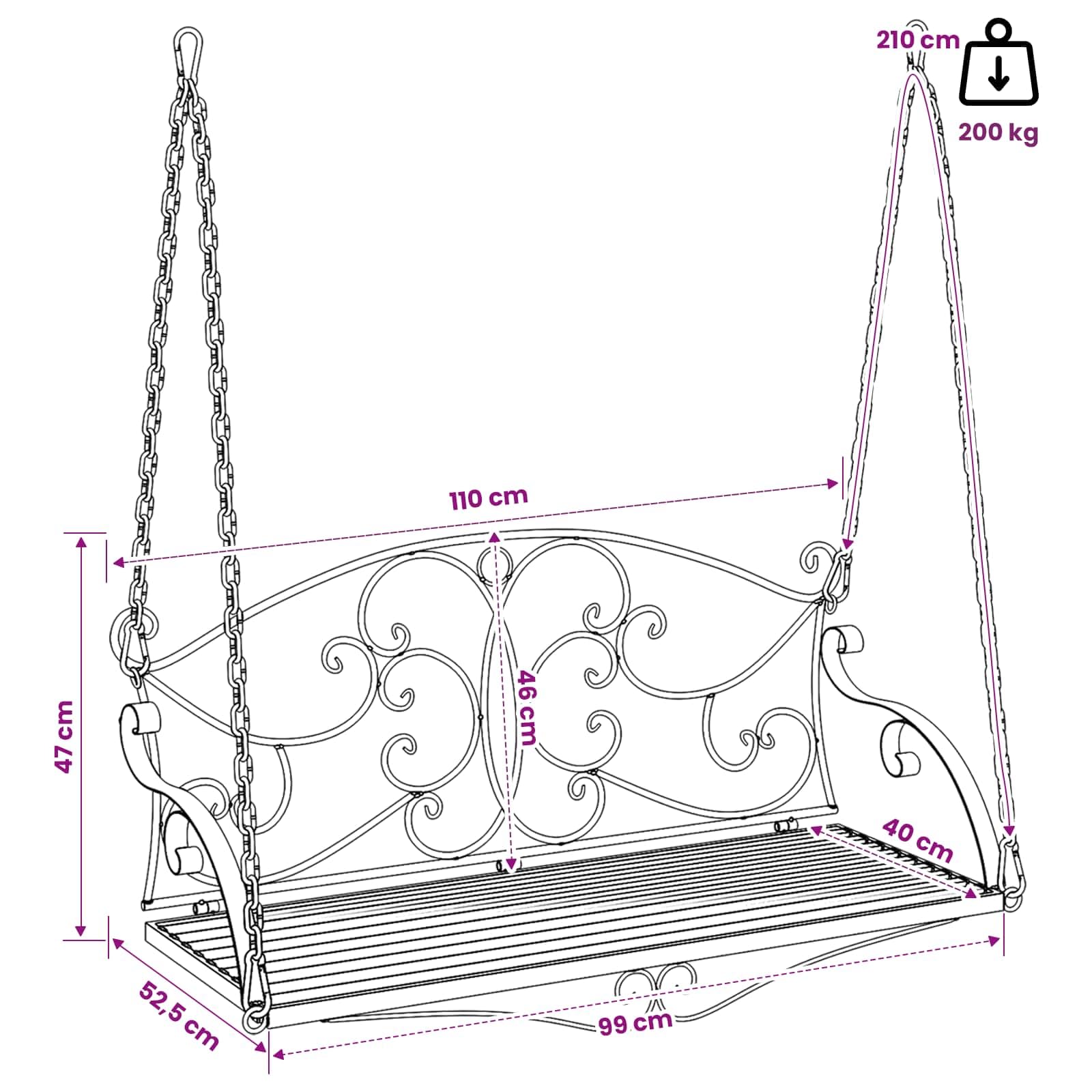 Banco balancín de acero resistente, 110 x 52,5 x 47 cm, color blanco envejecido, para jardín, terraza, balcón, porche, asiento resistente a la intemperie, con cómodo acolchado y fácil montaje