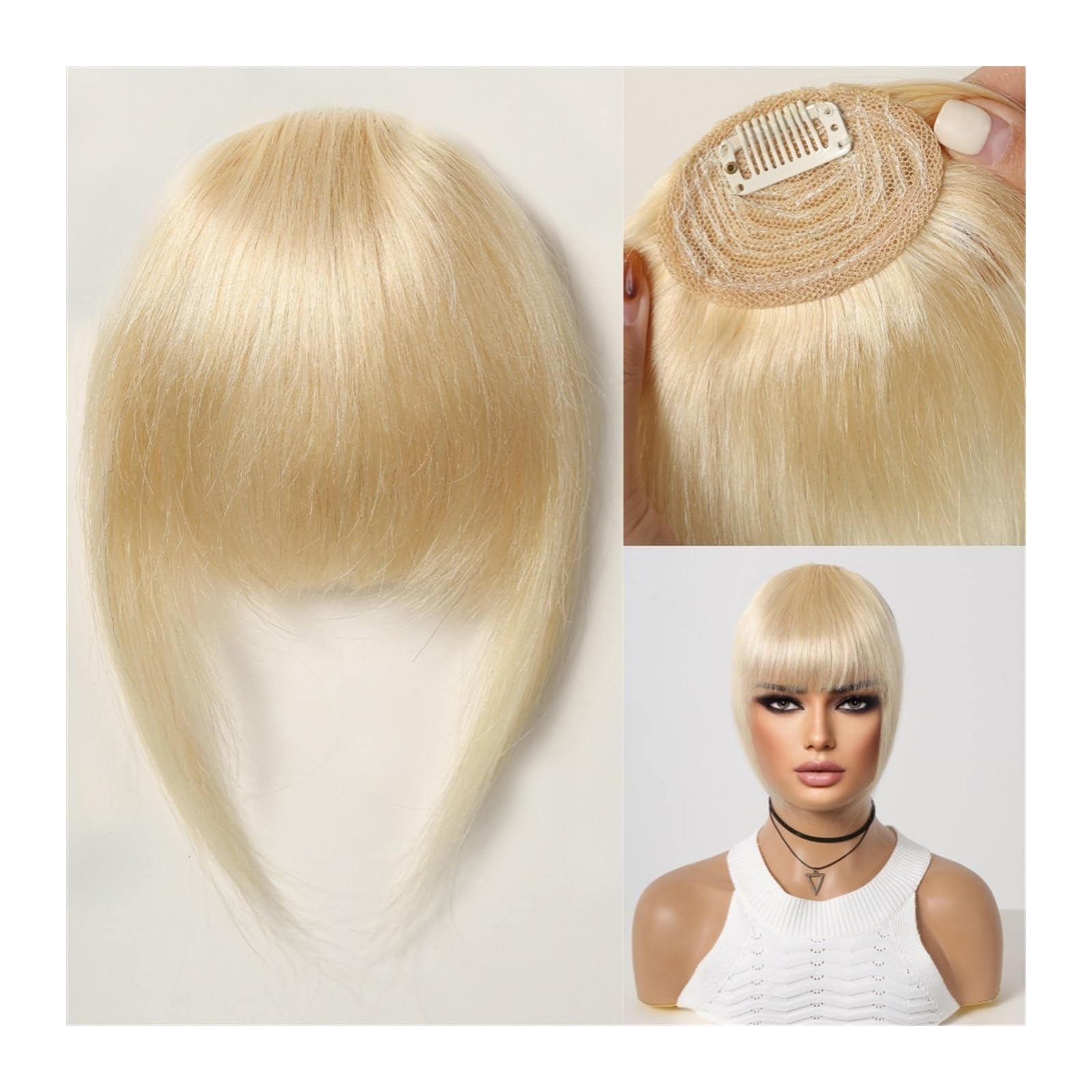 Pinza para el pelo con flequillo Flequillo con pinza for el cabello, flequillo 100% de cabello humano, flequillo francés marrón Natural con patillas, postizos gruesos falsos planos y limpios for mujer