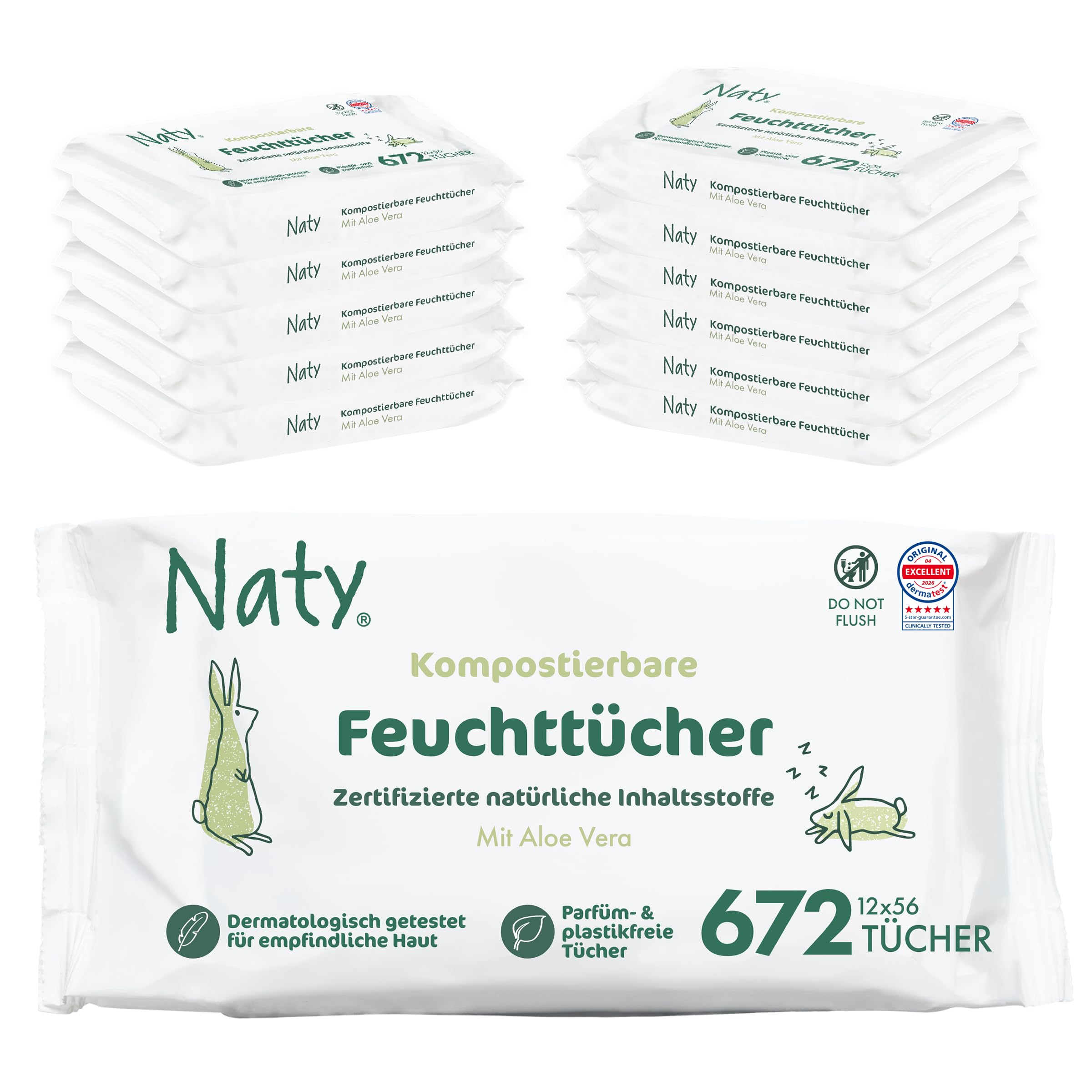 Naty Baby Feuchttücher Aloe Vera | 98% Wasser, hypoallergen & natürlich für empfindliche Haut | Parfümfrei & pflanzenbasiert | Sanfte Reinigung für Neugeborene und Babys | 672 Tücher (12 Packungen)