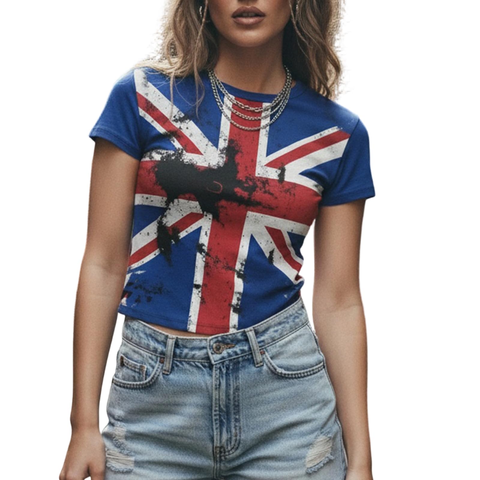 Feclmiyt Womens Union Jack Tops Vintage British Flag Printed Short Sleeve Crew Neck Patriotic Tops 4th of July Shirts Streetwear (Dark Blue, M)