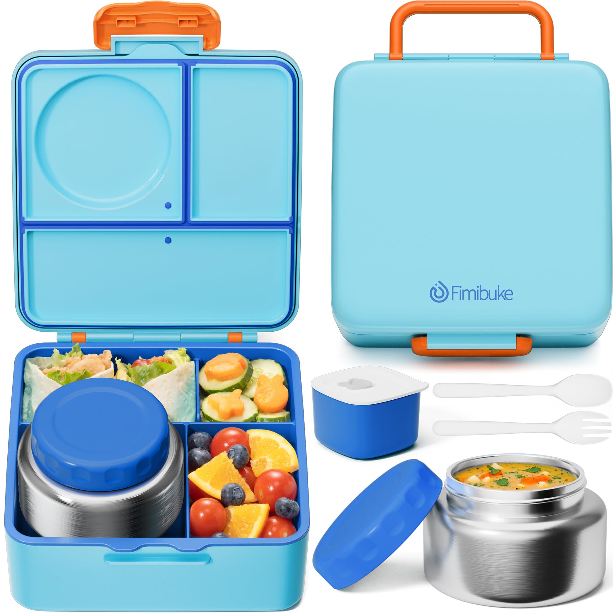 Fimibuke Bento Box for Kids Adult, BPA Free & Leakproof Toddler Lunch Box with 8.5oz Insulated Thermos Food Jar, Utensils & Sauce Jar, Dishwasher Safe 3 or 4 Compartment Container for School Girl Boy