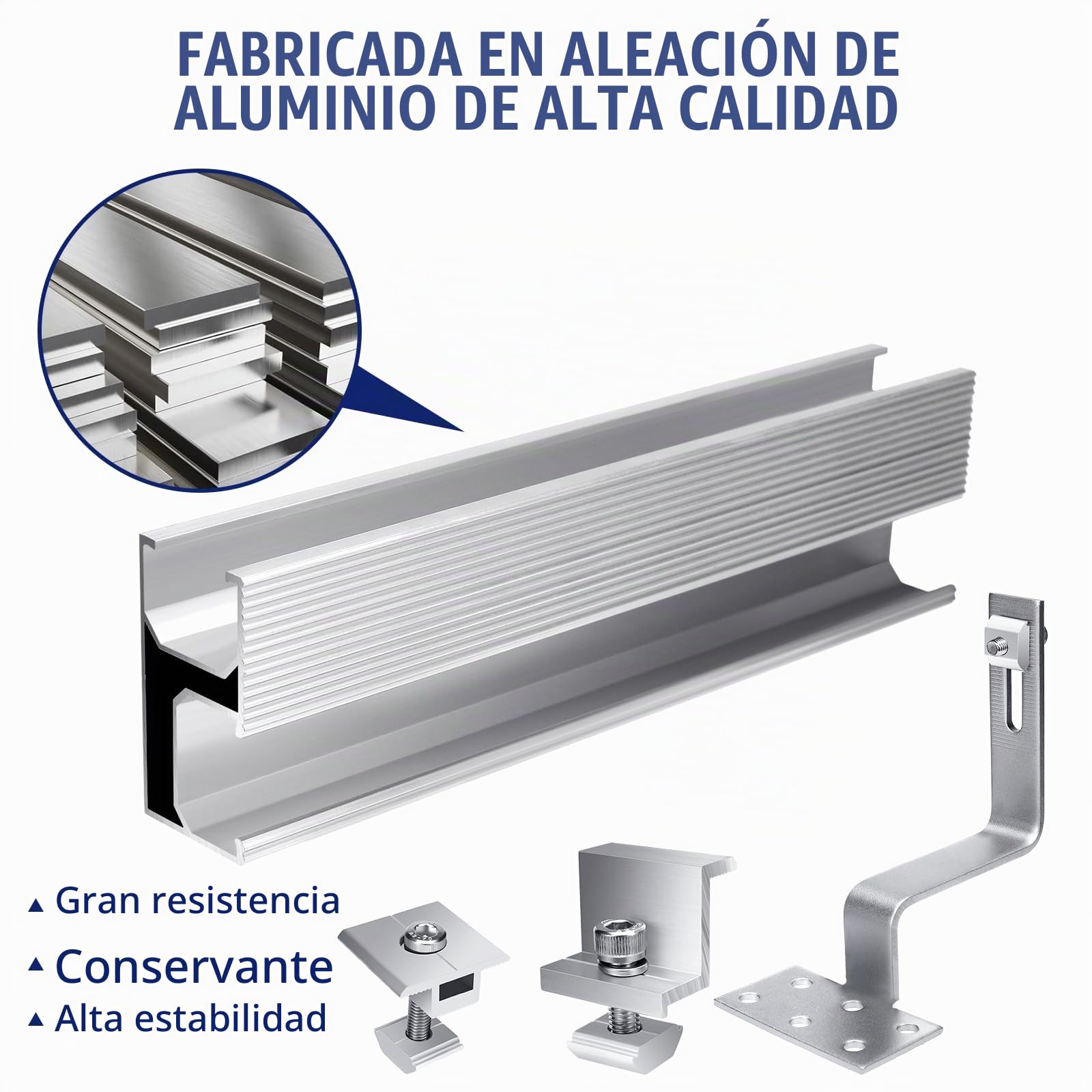 Kit Soporte Placas Solares, Soporte para Panel Solar 20cm×6 | Soporte de montaje · 6 rieles, 6 ganchos, 4 abrazaderas, 2 clips y tornillos · para techo, pared, barco y caravana