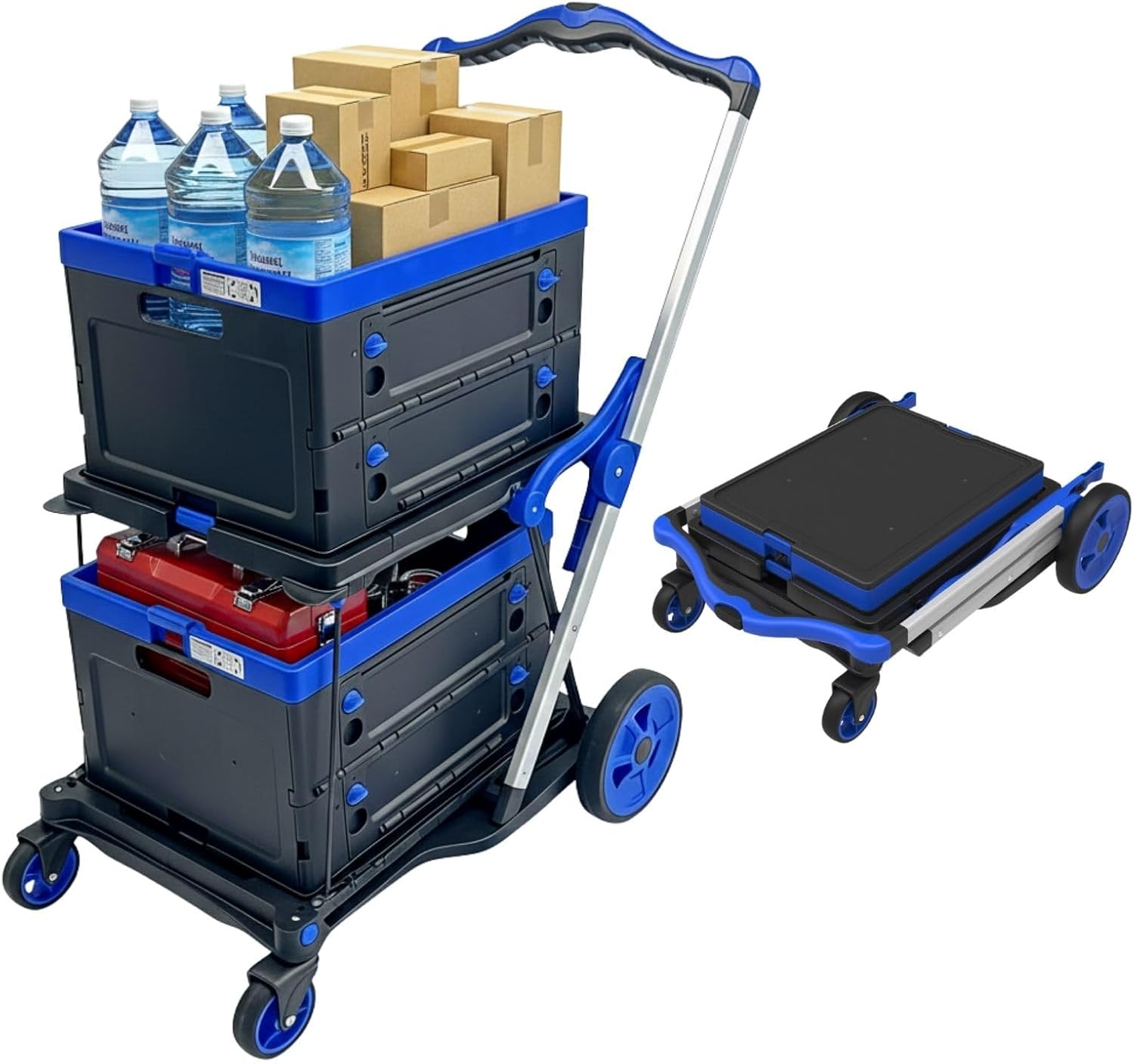 SST Collapsible Shopping Cart, 200LBS Capacity Multi Functional Utility Cart with 2 Storage Crate, Adjustable Handle Grocery Cart on Wheels for Grocery Shopping, Warehouse, Office, Supermarket