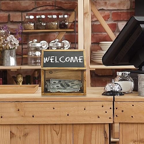 Vista 23 de MyGift Caja de colección de madera maciza quemada rústica montada en la pared con tarjetero de metal negro, caja de comentarios y sugerencias