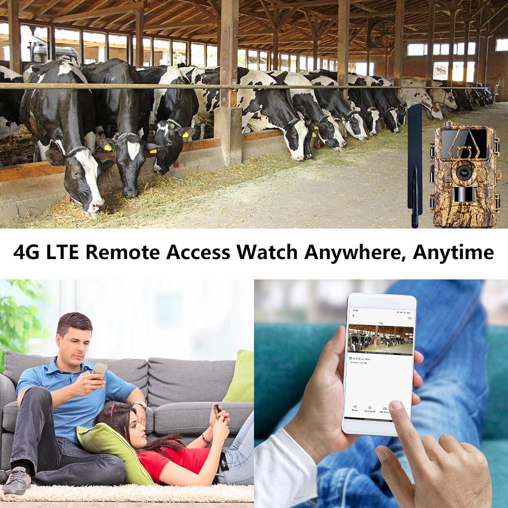 Cámara de Caza 4G LTE con App y Tarjeta SIM, 8K 60MP Camara Fototrampeo, Camara Caza Nocturna con IR Invisible, Sensor 0.2s de Tiempo Activación, IP66 Prueba de Agua para Monitoreo de Vida Silvestre
