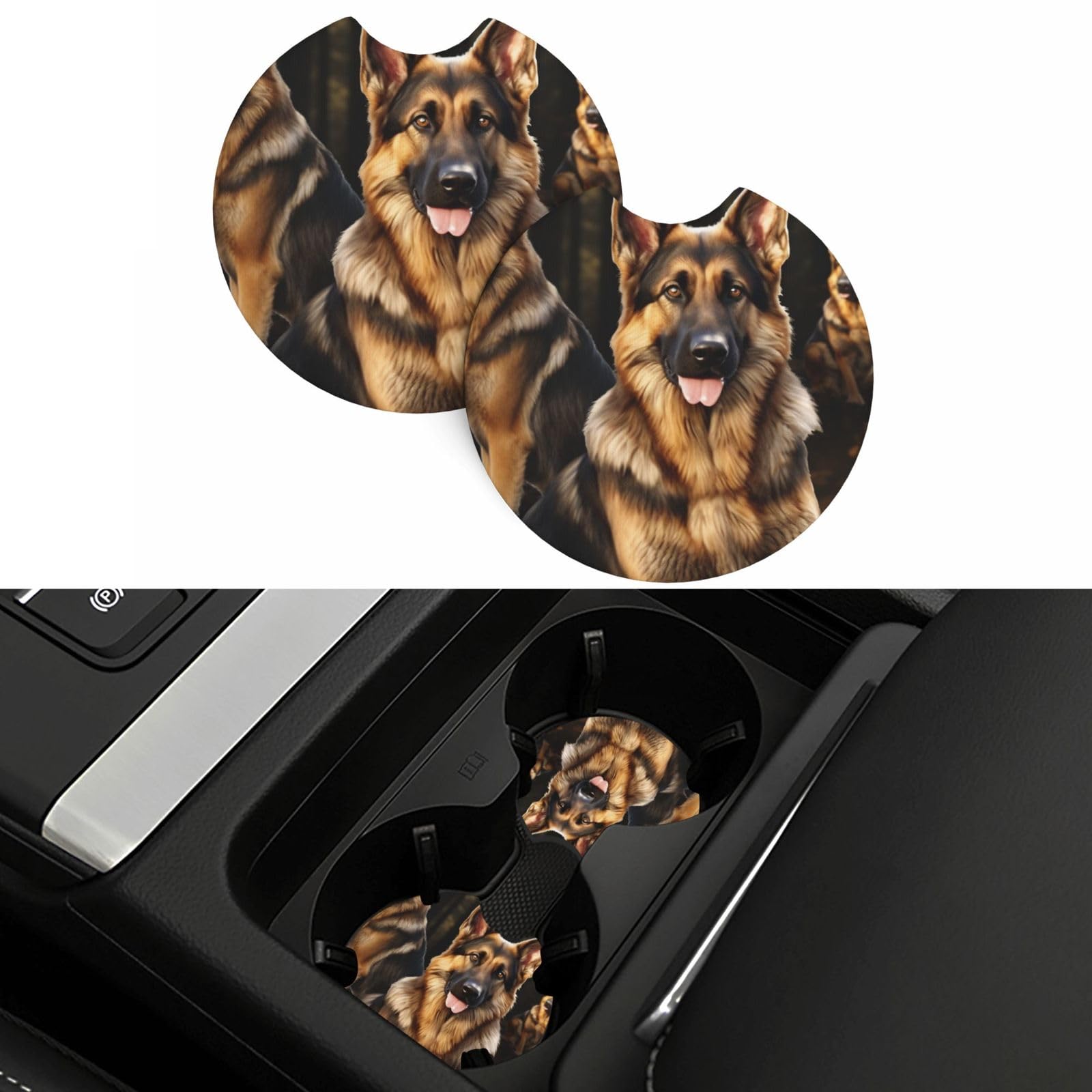 German Shepherd Car Coasters 2 Pcs, Universal Non-Slip Rubber Car Cup Holder for Cup Holders, 2.75 Inch Neoprene Cup Pad Mat Coaster Car Interior Accessories for Women Men