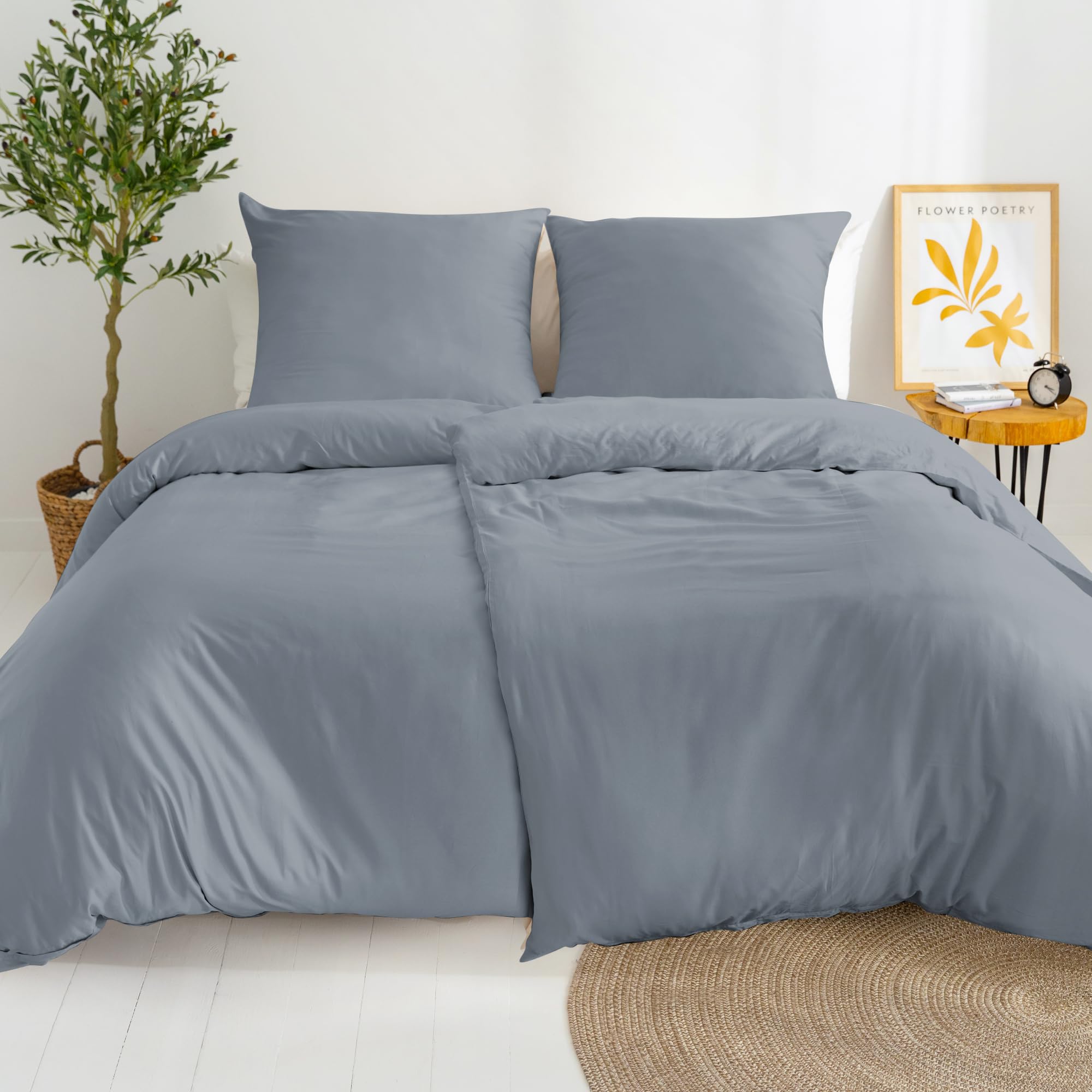 Dreamzie 2 Bettwäsche Set 135x200 Mako Satin - Grau - 2 Bettbezüge 135x200 cm mit 2 Kissenbezüge 80x80 cm - Oeko-Tex Zertifiziert - Bettwäsche 135x200 Baumwolle 4teilig