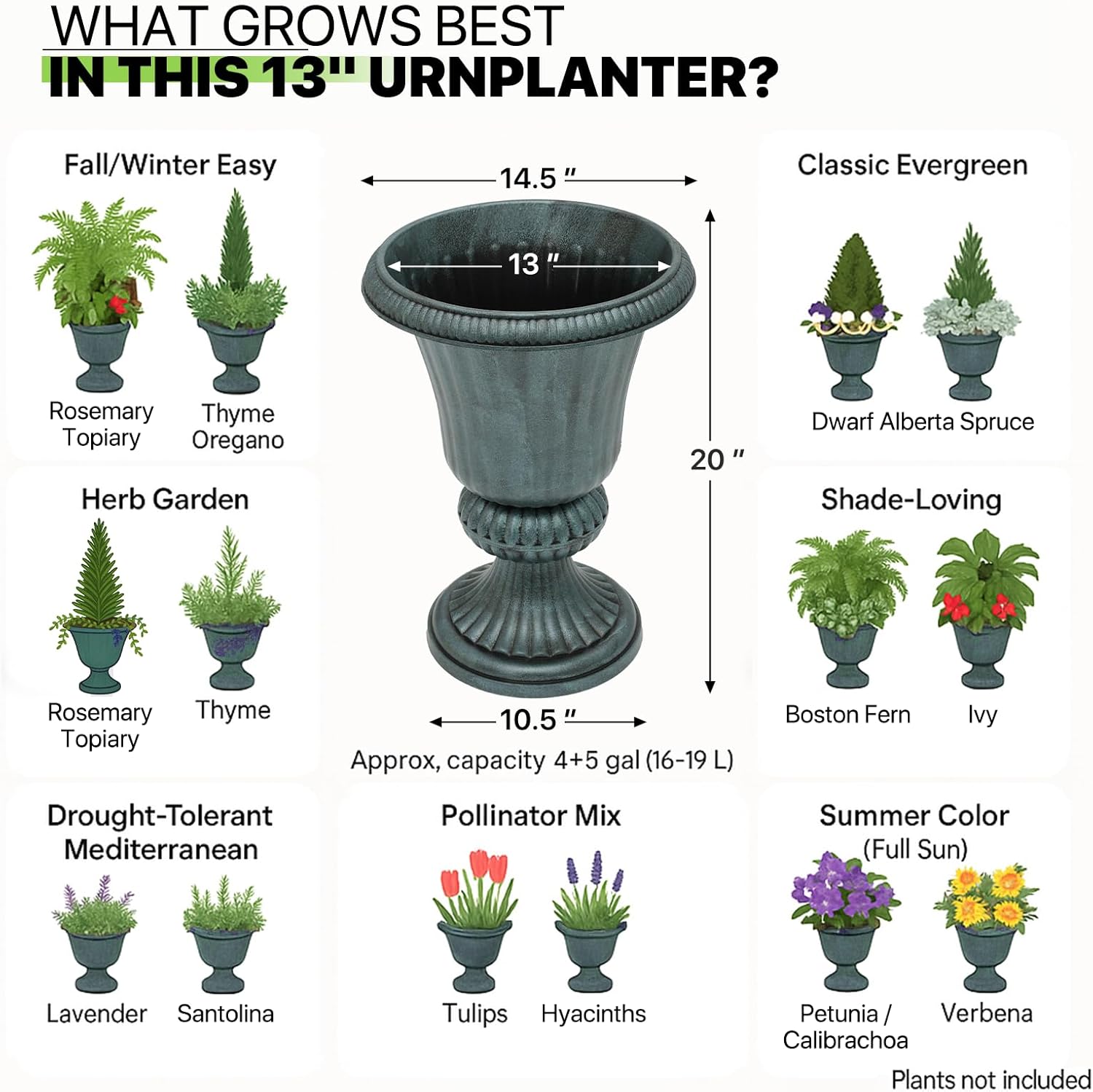 Magshion 20" Urn Planters for Outdoor Plants, Large Decorative Front Porch Planters Set of 2, Weatherproof Tall Plastic Flower Pots for Garden, Patio & Entryway Décor, Antique Green