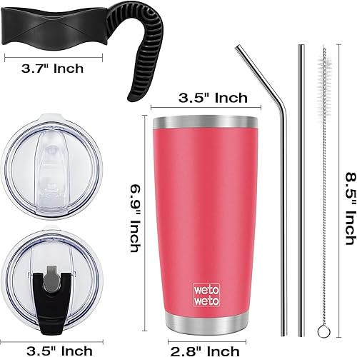 Vista 222 de WETOWETO - Vaso térmico de acero inoxidable de 20 onzas con mango, taza de café con 2 tapas y 2 pajillas, doble pared con aislamiento al vacío, vaso