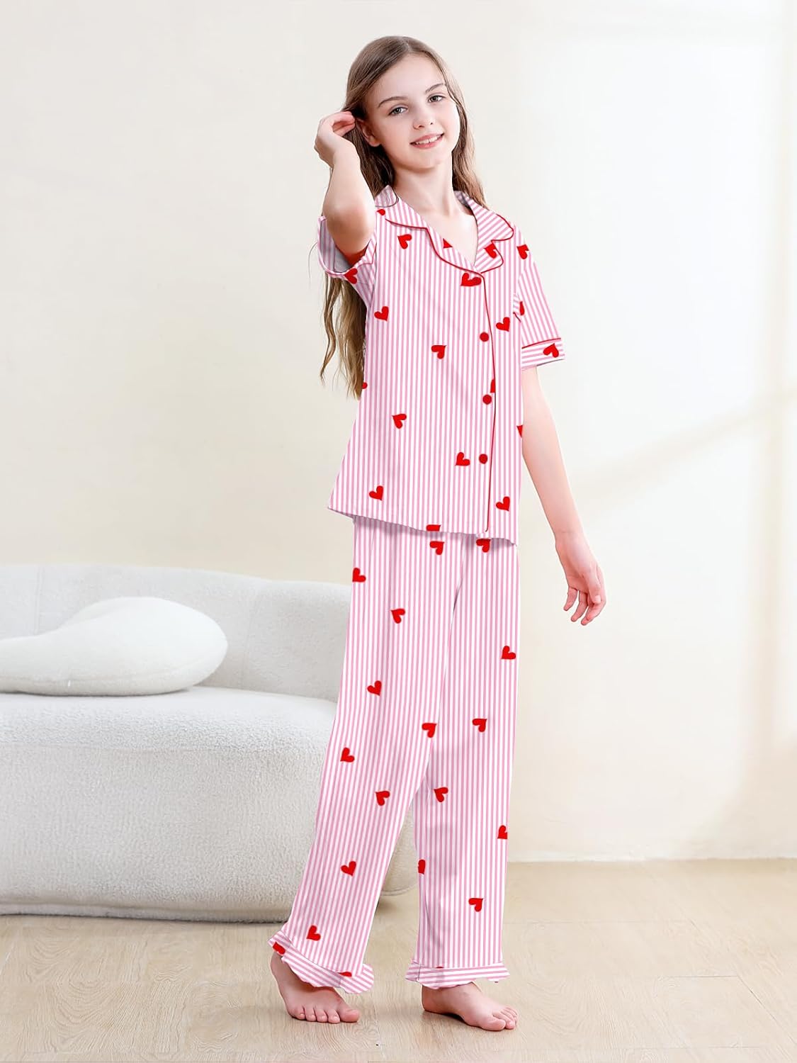 QZH.DUAO 3 Piece Girls Pajama Sets 100% Cotton Ruffle Long Pants with Shorts Sleepwear 3pcs Button Down PJs 5-14 Years - Image 7