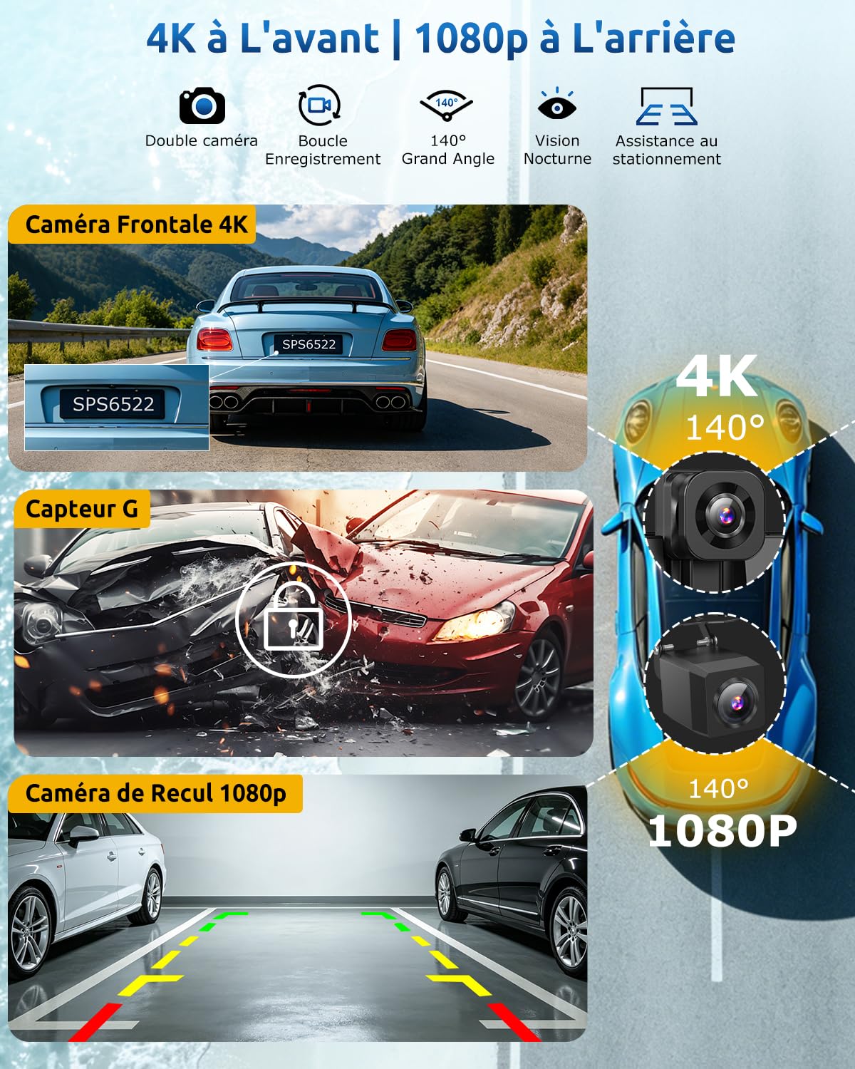 ESSGOO CarPlay Voiture, Supporte CarPlay sans Fil et Android Auto, Écran Tactile IPS 11,3 Pouces, Caméra Avant 4K et Caméra de Recul 1080P, Bluetooth 5.3, GPS, FM, AUX, Mirror Link