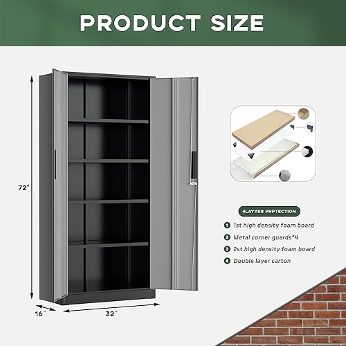 Vista 116 de Greenvelly Armario de almacenamiento de metal para garaje, armario de almacenamiento con cerradura de 72 pulgadas con estantes ajustables, Negro