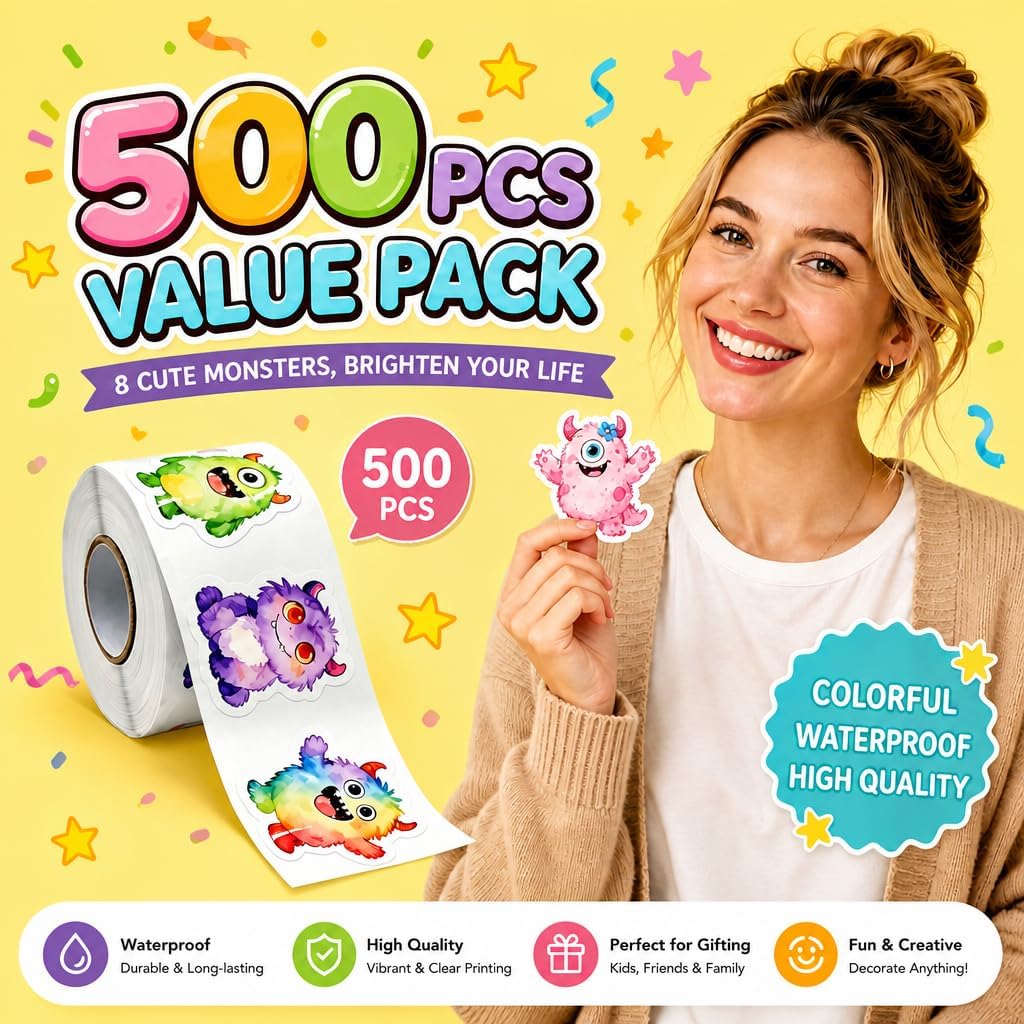 1.5 inches 500pcs Cute Monster Stickers Roll, Waterproof Watercolor Creature Decals, 8 Designs for Water Bottles, Laptops, Journals, Scrapbooking, Party Favors, DIY Crafts, Gift Seals image 3