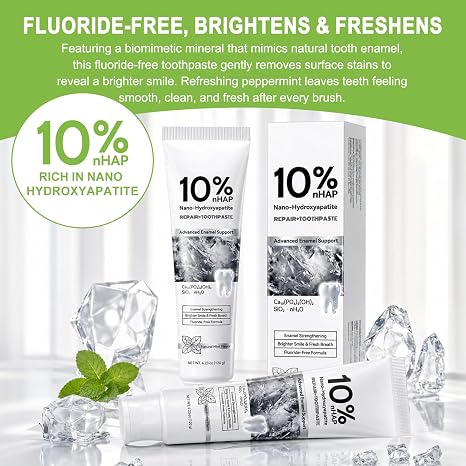 10% nHAp Hydroxyapatite Toothpaste - Fluoride-free Toothpaste with Hydroxyapatite for Sensitive Teeth & Enamel Care - Hydroxyapatite Toothpaste with Natural Peppermint Oil - 120 g (2)