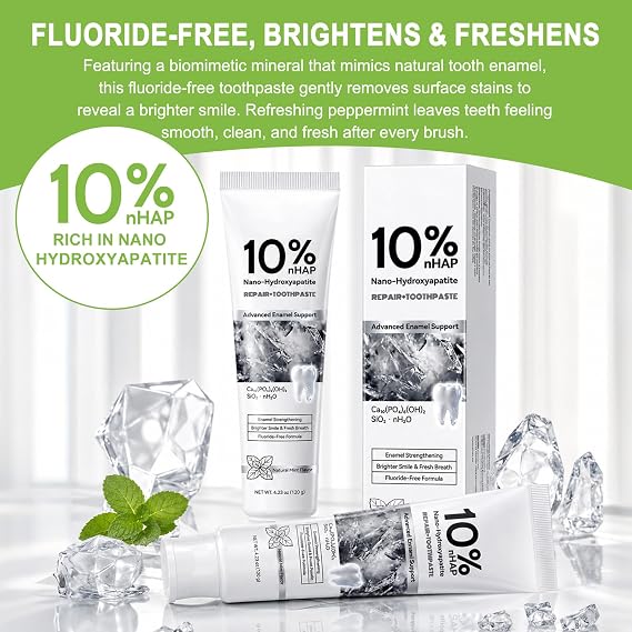 Nano Hydroxyapatite Toothpaste 10% – Fluoride-Free Toothpaste with Hydroxyapatite for Enamel Care & Sensitive Teeth – Nano-Hydroxyapatite Toothpaste with Natural Peppermint Oil – 120G