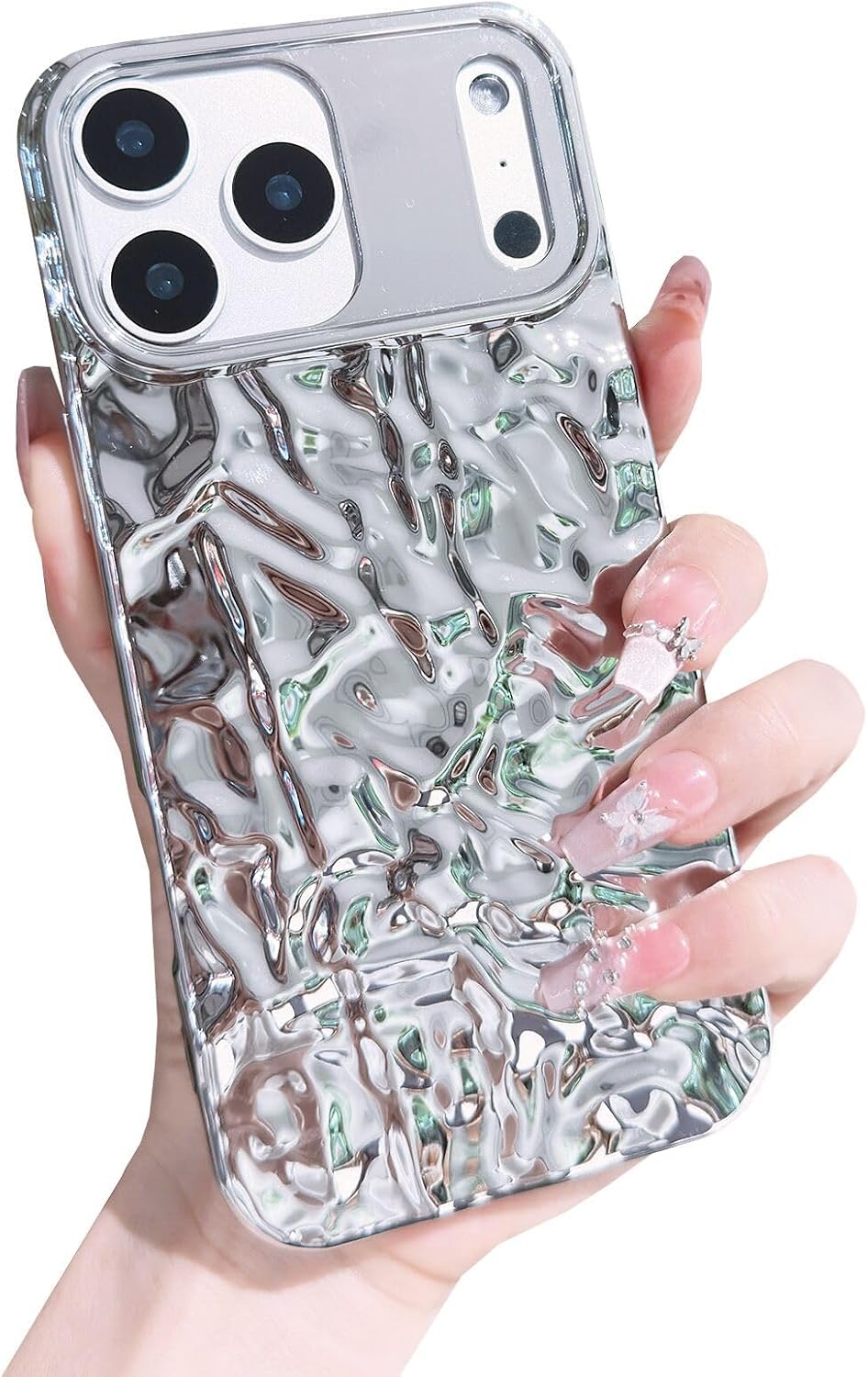 Compatible for iPhone 17 Pro Max Case Cute Glitter Fashion Women Girly Luxury Tin Foil Pleated Design Phone Cases 3D Silver Silicone Sparkly Slim Soft Glossy Cover 6.9 Inch
