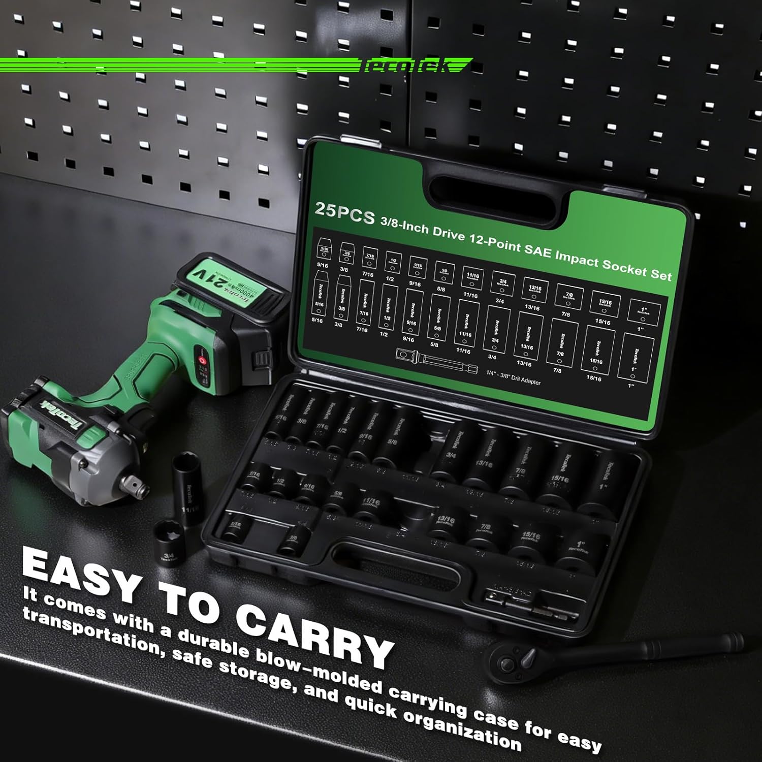 25 Pieces 3/8-Inch Drive Deep and Shallow 12-Point Impact Socket Set, CR-V, 5/16" - 1", SAE, 1/4"-3/8" Drill Adapter