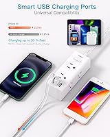 Vista 6 de Regleta de alimentación de enchufe plano, cable de extensión plano ultrafino de 10 pies con múltiples tomas, 6 tomas, 3 puertos USB (1 USB C)