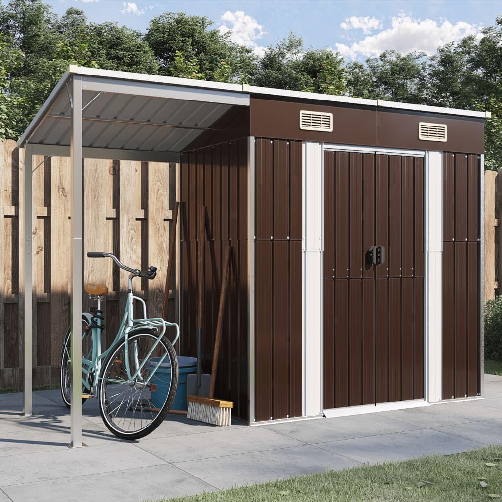 Domek ogrodowy z przedłużonym dachem brązowy 277x110,5x181 cm stal, domek ogrodowy, domek do przechowywania ogrodu, domek na narzędzia ogrodowe