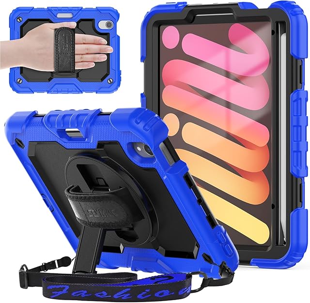 SEYMAC iPad Mini 6th Generation Shockproof Sturdy Case for Kids with S Pen Holder, Screen Protector, 360 Rotating Stand & Hand Strap, Shoulder Strap for New iPad Mini 6 Case 2021 (8.3 inch), Blue