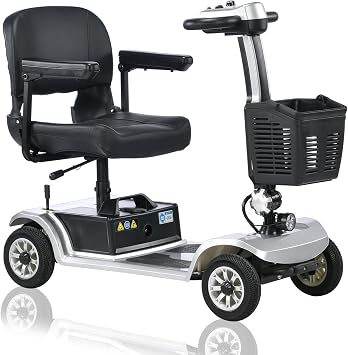 Compact Electric Mobility Scooter for Seniors, 4-Wheel with Removable Battery, Front Basket, LED Light, Horn, 15 Mile Range, 3.7 MPH Max Speed, Black and Silver