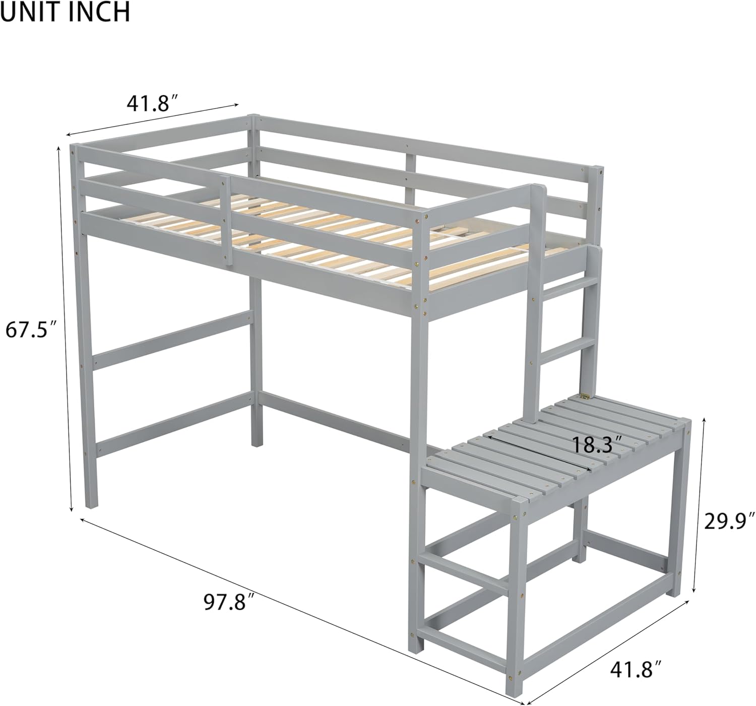 Diagram showing the dimensions of the LINKHOO Twin High Loft Bed, including length, width, and height measurements.
