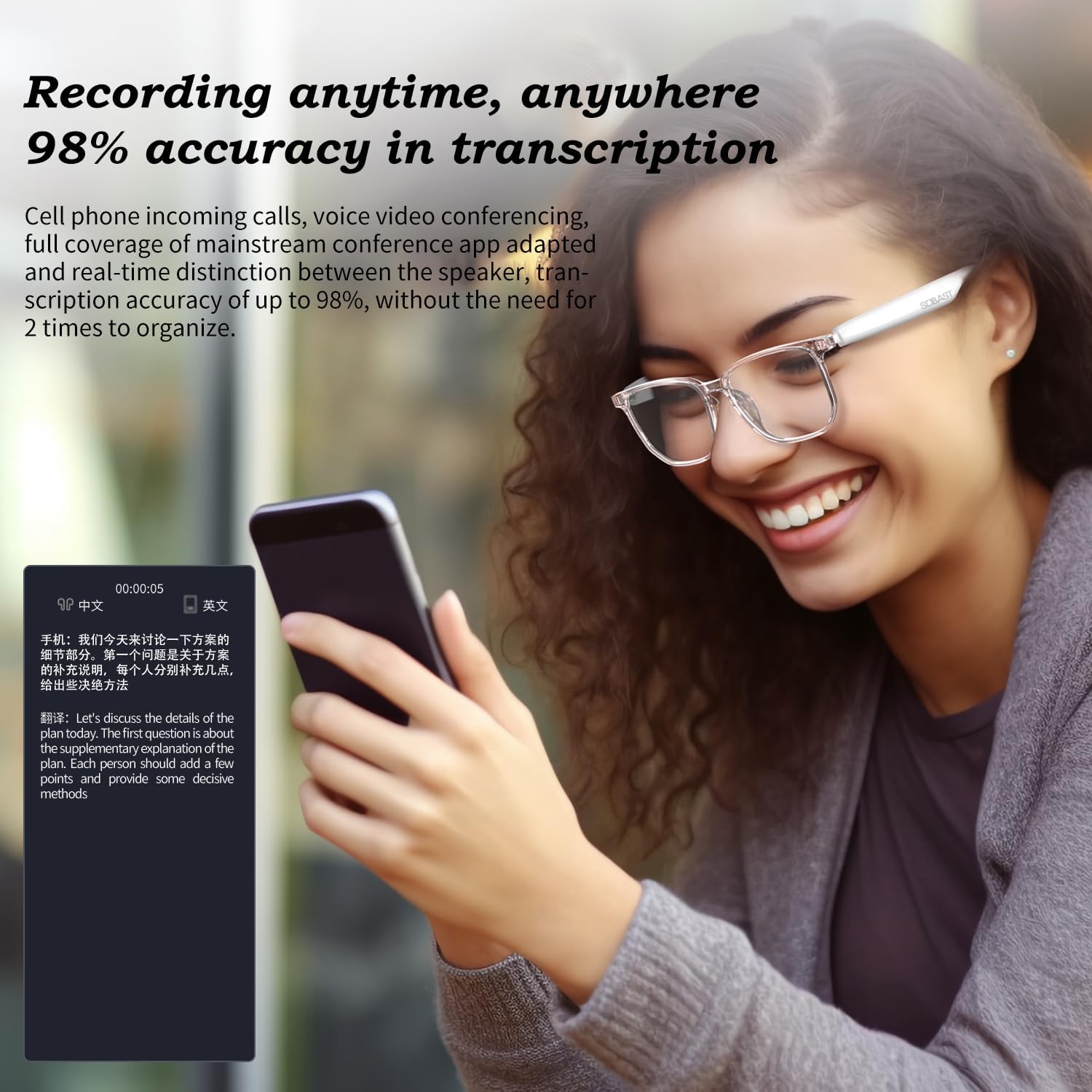 User using the headset for real-time recording and translation