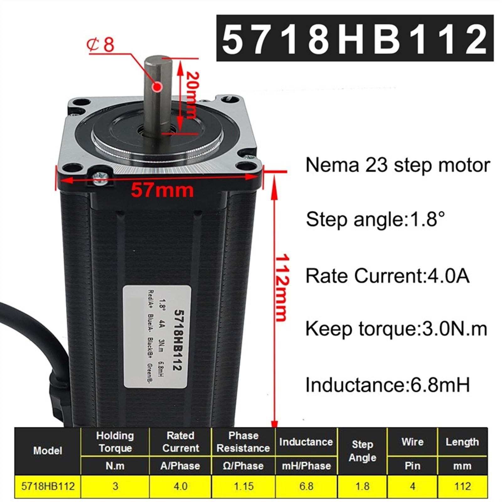 Motor Paso a Paso 57BYG, 112mm, 2 Fases, 1,8 Grados, 4,0a, 3N.m, Controlador híbrido, Motor Paso a Paso Nema 23