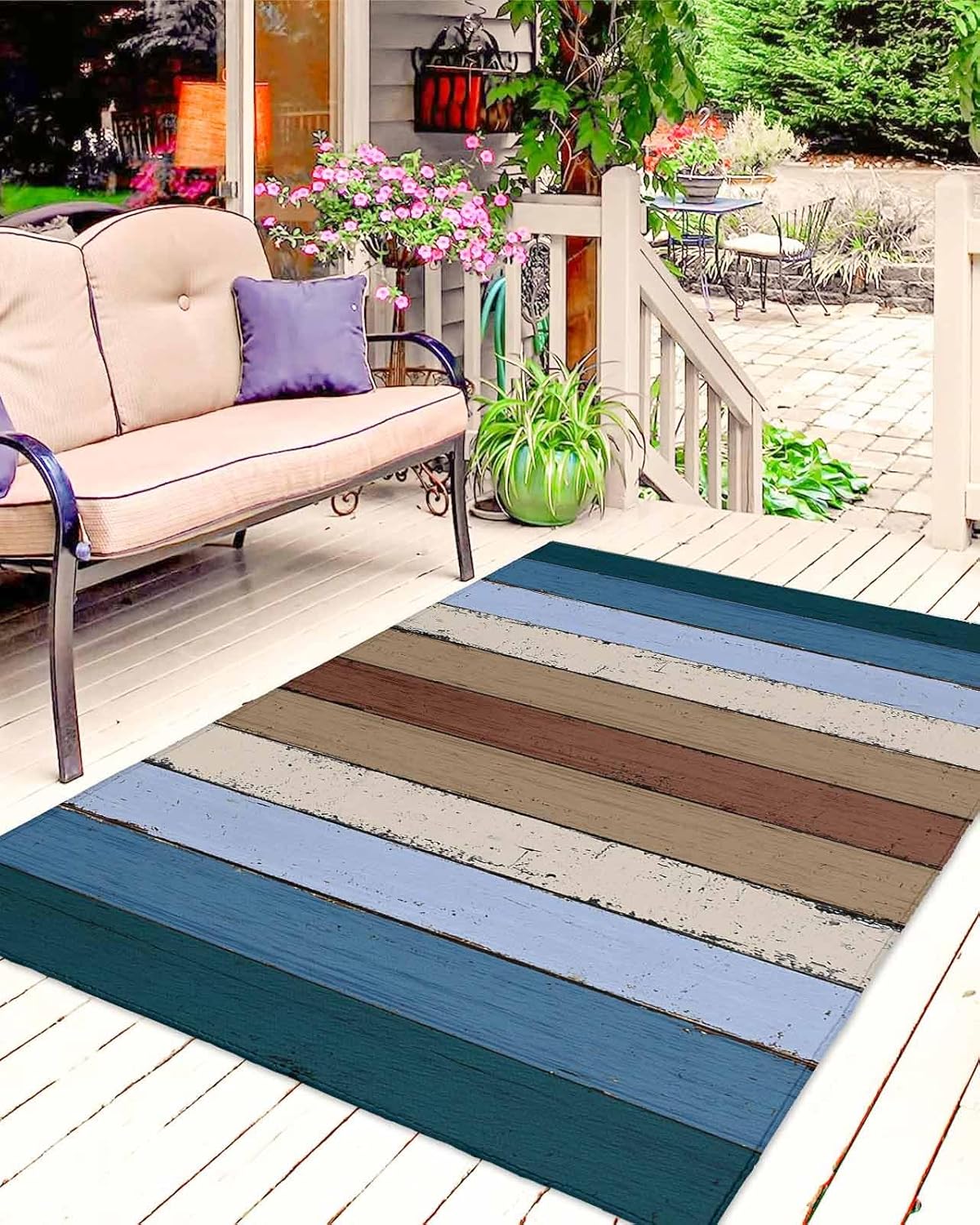 Farmhouse Blue Brown Outdoor Rug 4x6 Ft - Reversible Patio Rug Outdoor Camping Rugs, Vintage Country Wooden Washable Indoor Outdoor Area Rugs, Non-Slip Outdoor Carpet Runner for Deck/Porch