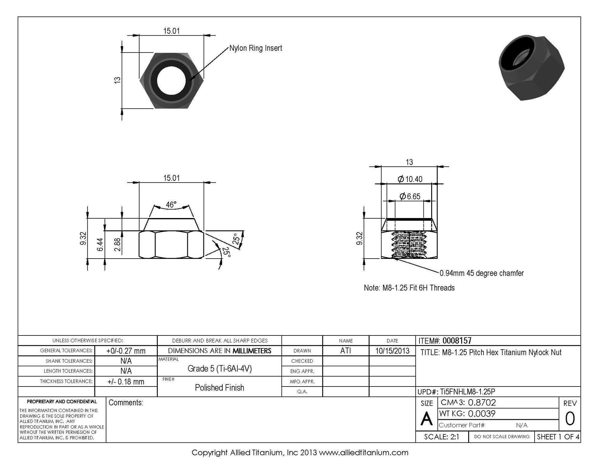 Allied Titanium 0008157, (Pack of 8) M8-1.25 Pitch Titanium Hex Nylock Nut, Grade 5 (Ti-6Al-4V)
