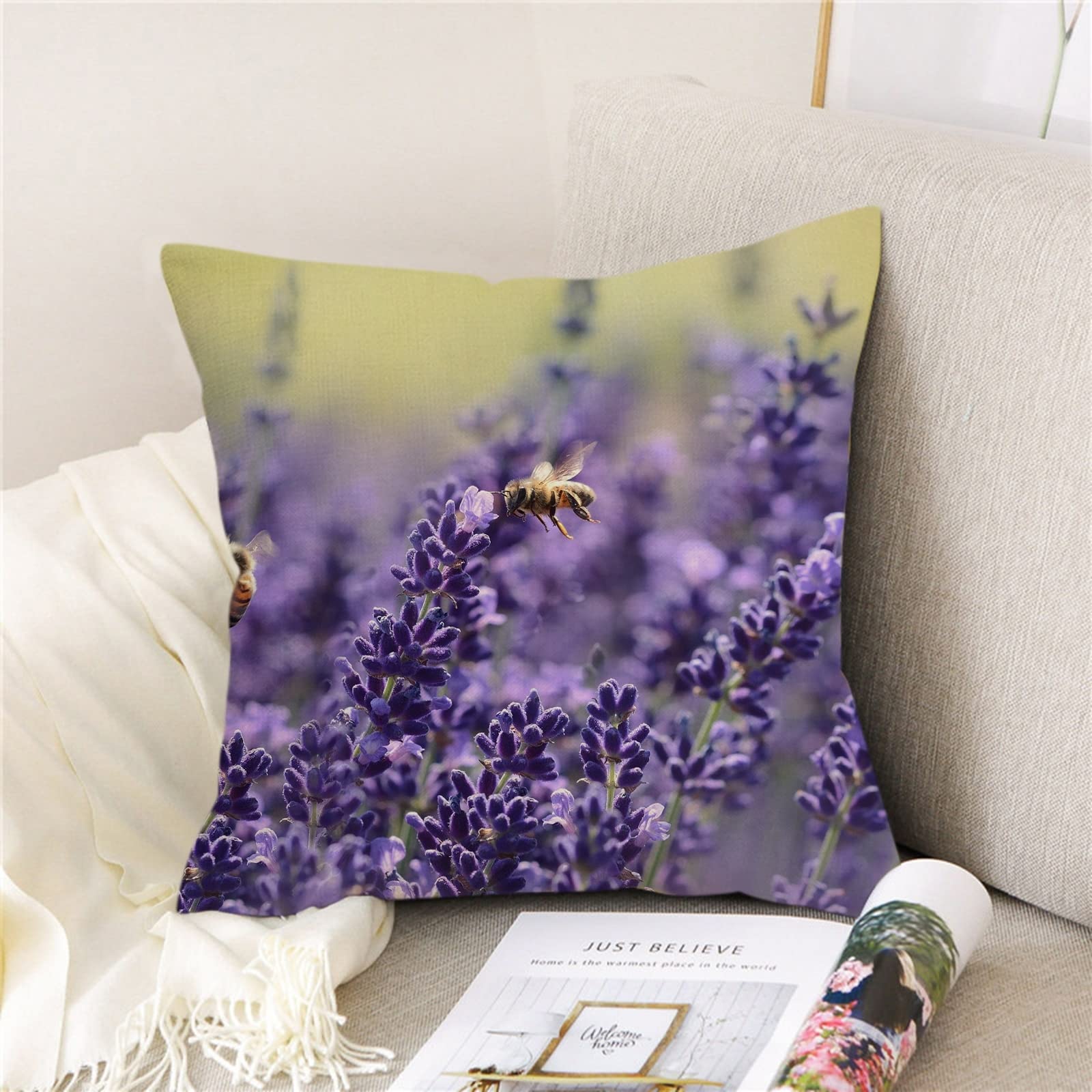 Set 4 Federe Per Cuscini 45x45 Cm, Motivo Lavanda E Scritta Home Sweet Home, Viola, Decorazione Primaverile Per Divano E Camera