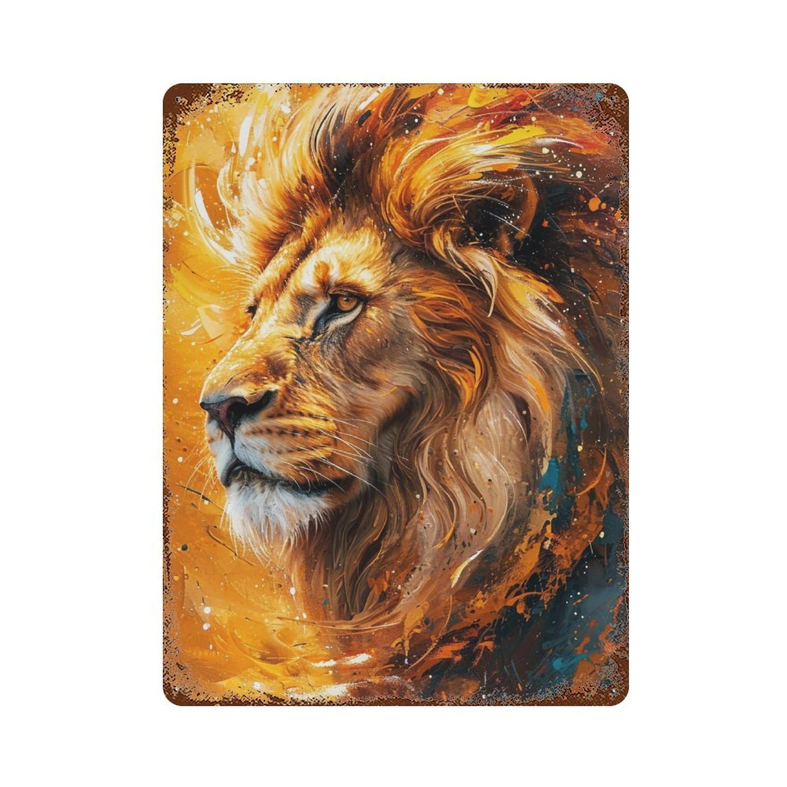 Aged Metal Wall Plaque with Golden Lion Majesty -8 Design 15.7"x11.8", for Shed, Workshop And Garage Wall Decor, Decorative Metal Wall Art