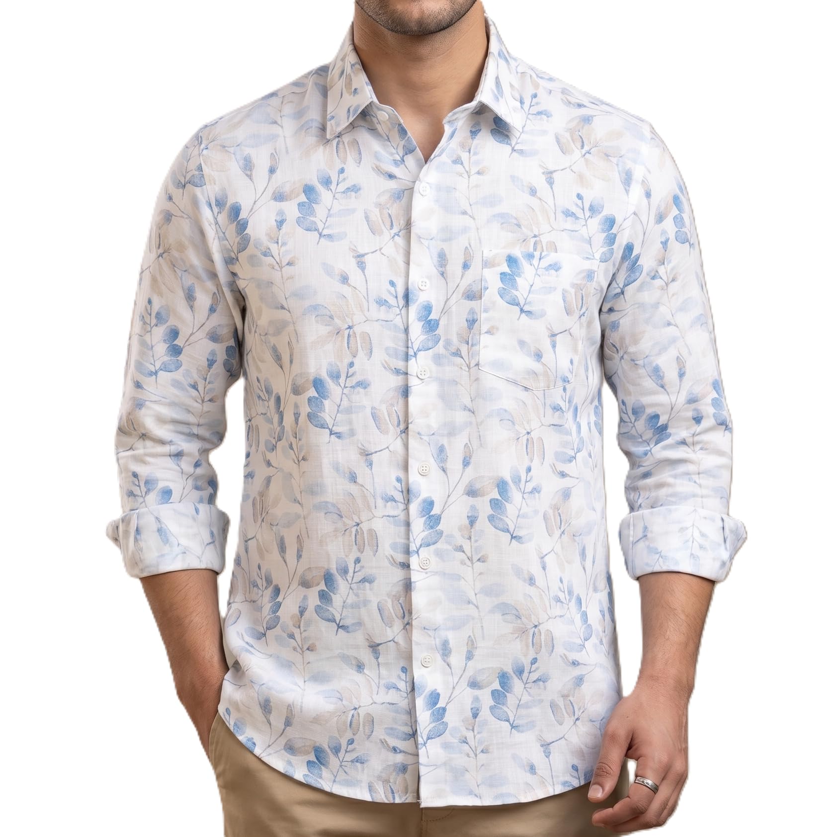 Blue Floral Print Linen Unstitched Shirt Fabric-image-17