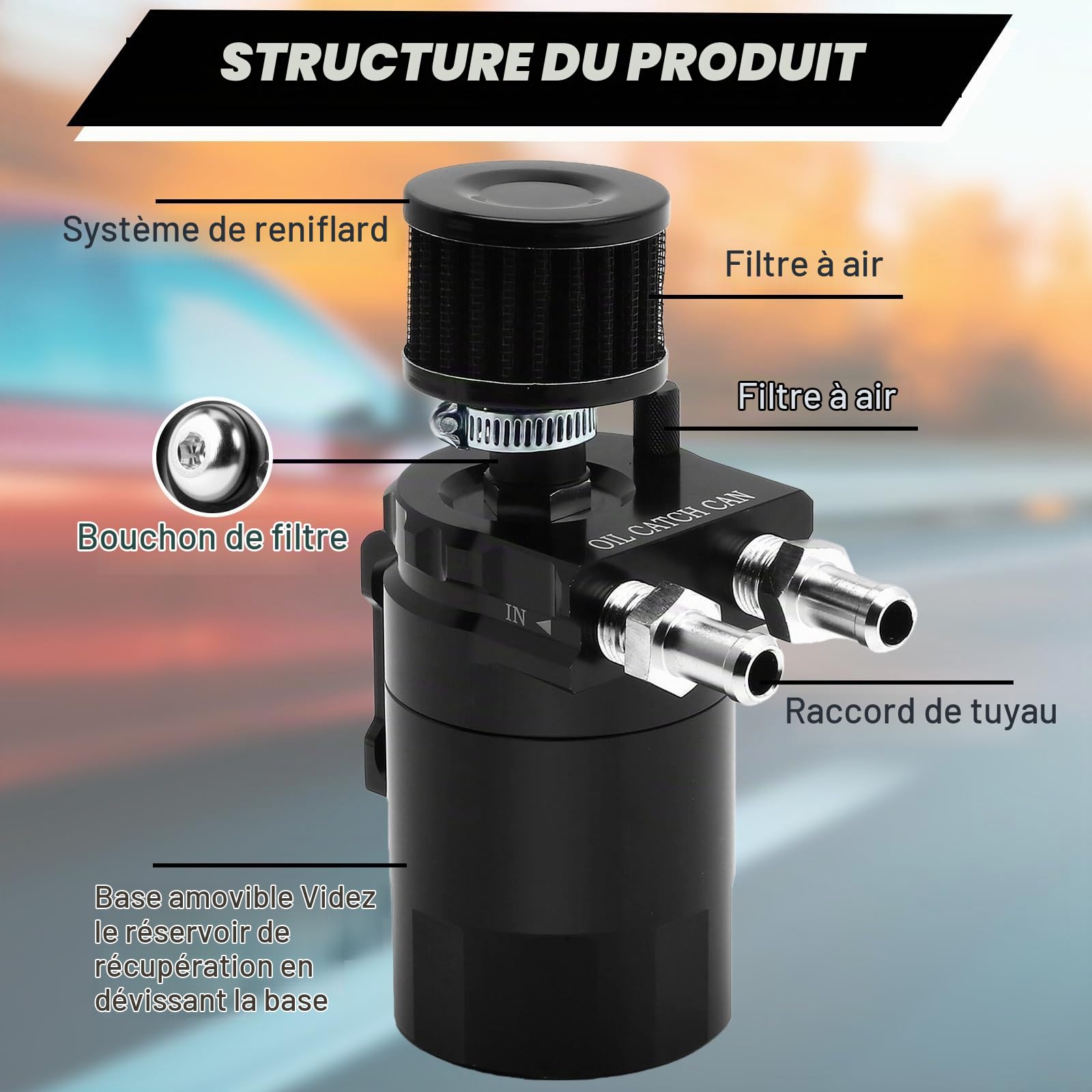 Récupérateur huile moteur, universel oil catch can, 300ml réservoir de récupération en aluminium des vapeurs d'huile moteur Réservoir de Stockage D'huile avec filtre à air, tuyau et accessoires