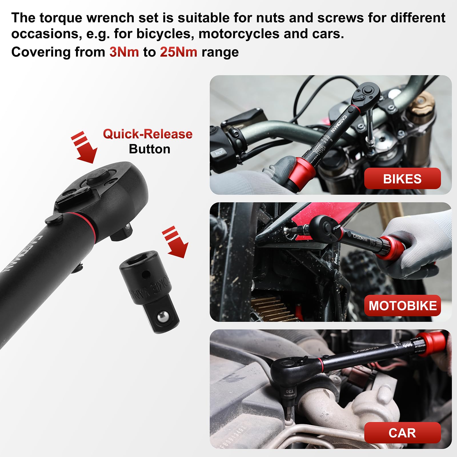 CASOMAN Set di 33 chiavi dinamometriche da 1/4" per bicicletta, 3-25 Nm, 72 denti, con bussole a bussola, estensione, giunto universale e adattatore