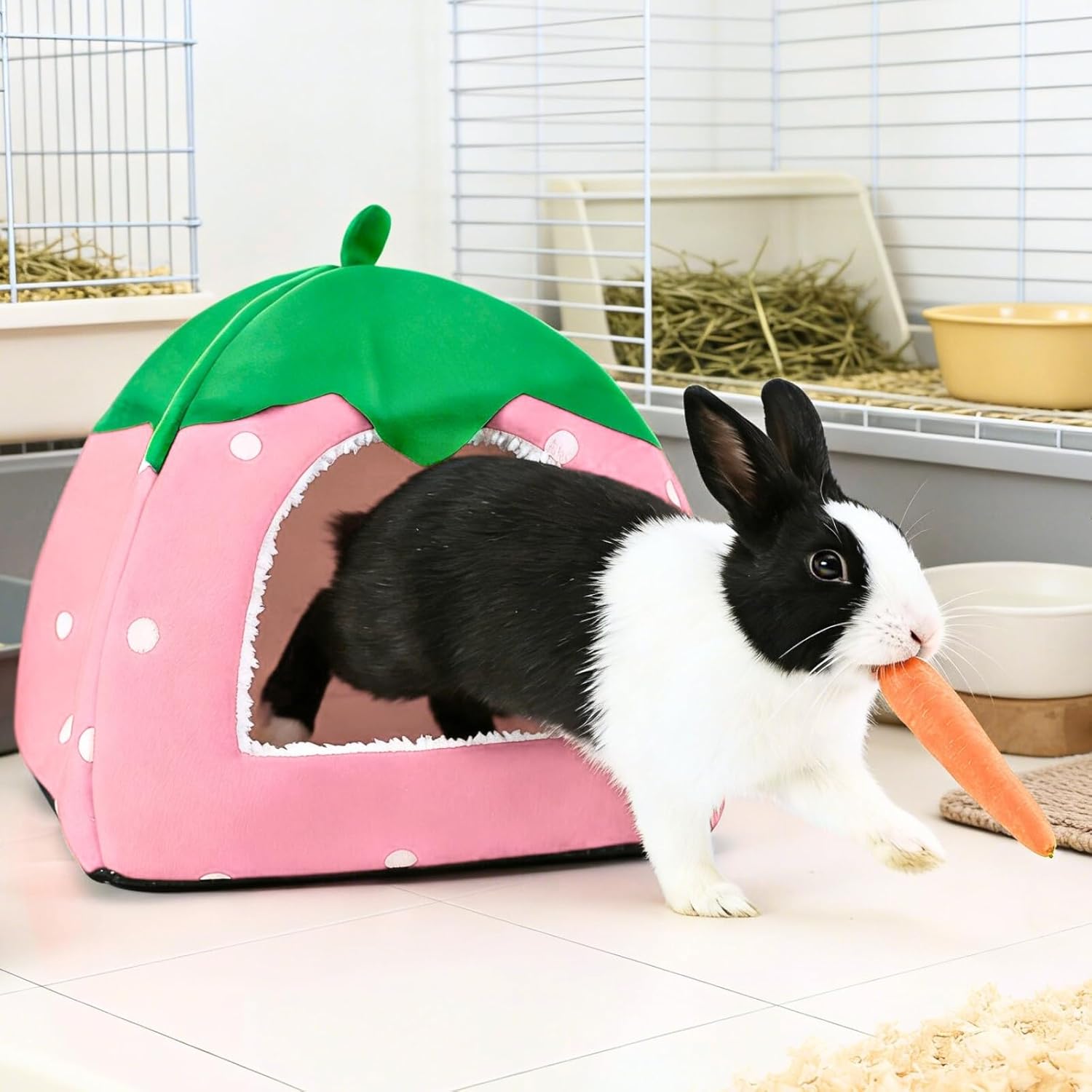 2 Pack Rabbit Hideout, Washable Bunny Bed with Removable Pee Pad, Plush Indoor Rabbit House, Adorable Strawberry Design Small Animal Hideaway for Guinea Pig, Red & Pink