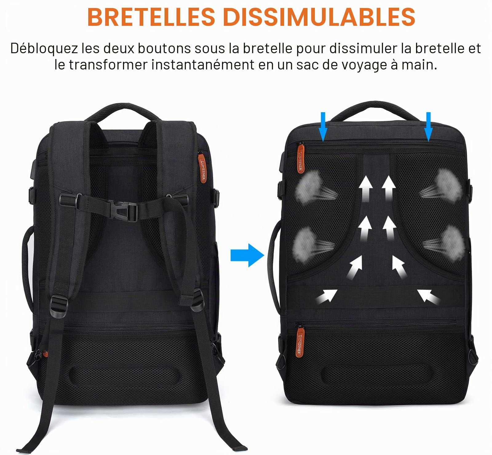 Sac à dos de transport extra large 40 L approuvé par les vols pour homme et femme, grand sac à dos extensible avec 4 cubes d'emballage, Noir (sac à dos avec 3 cubes d'emballage), XL