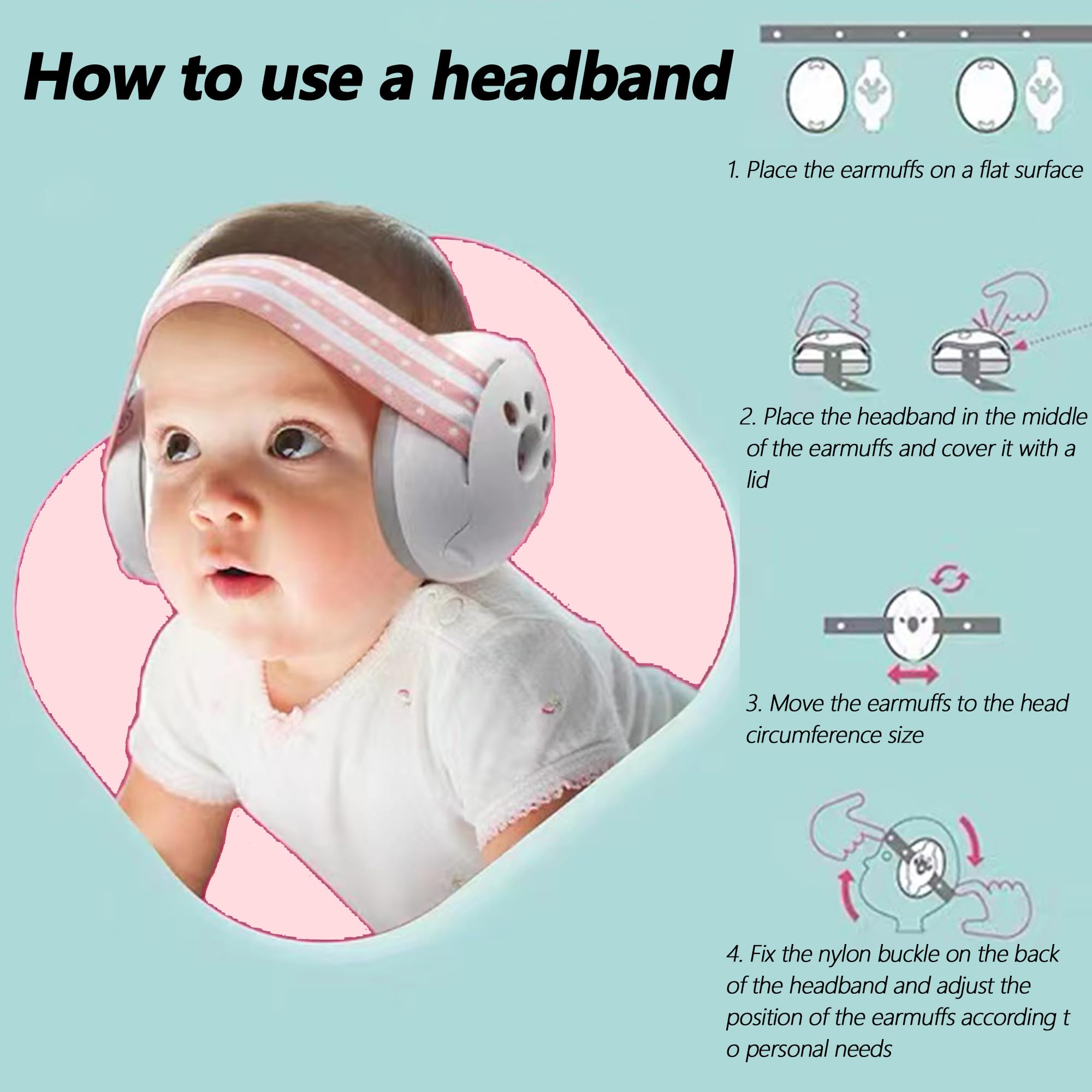 2 in 1 Cuffie Neonato Antirumore, 25db Caschi Antirumore Per Bambini-Cuffie Antirumore Per Bambini 0-4 Anni, Protettori Acustici Per Neonati, Antiscivolo E Antistress, Rosa