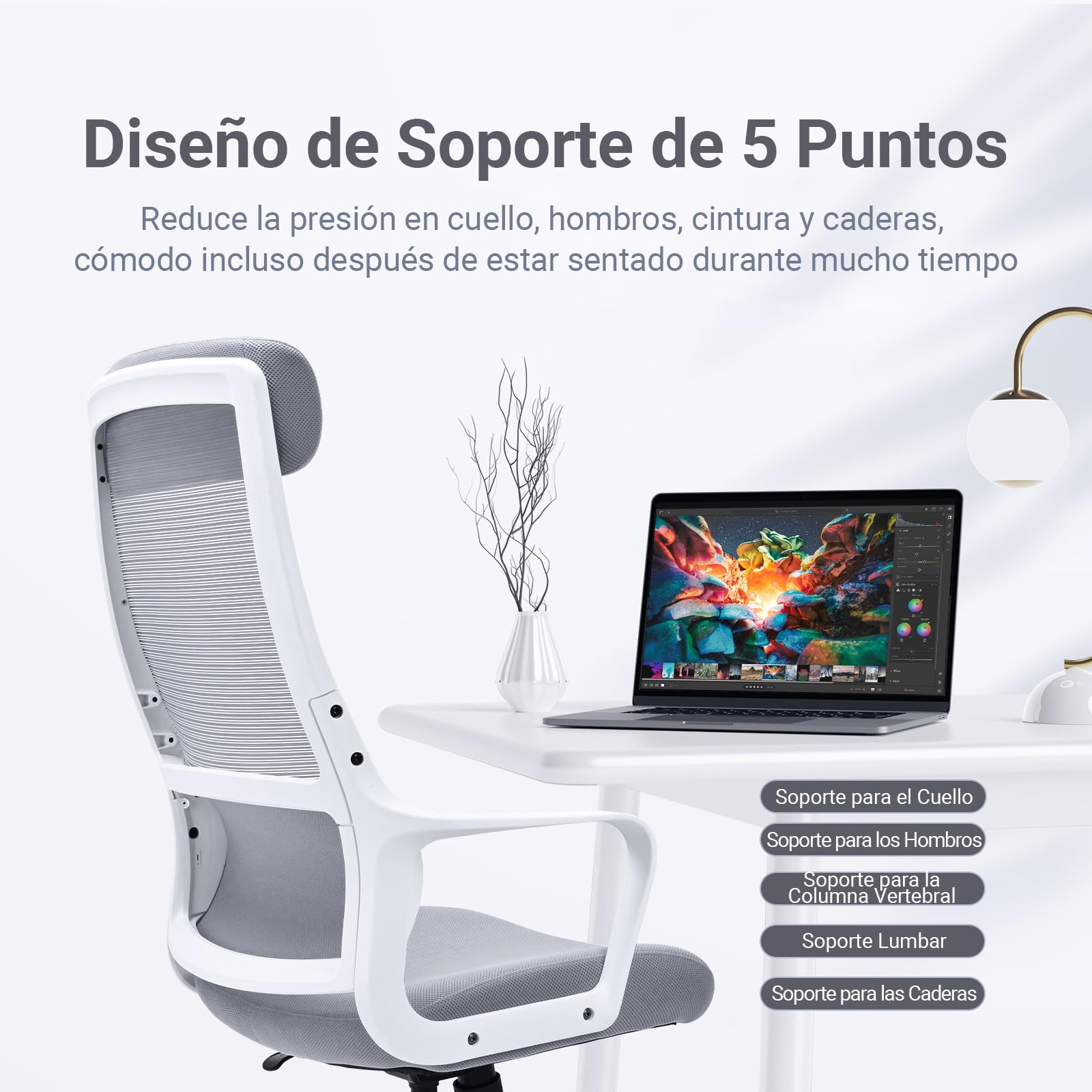 MELOKEA Silla de Oficina Ergonómica, Silla de Escritorio de Malla, Gris | Reposacabezas Ajustable, Asiento Mullido y Confortable, Soporte Lumbar Ergonómico, Función de Balancín, Certificada EN 1335
